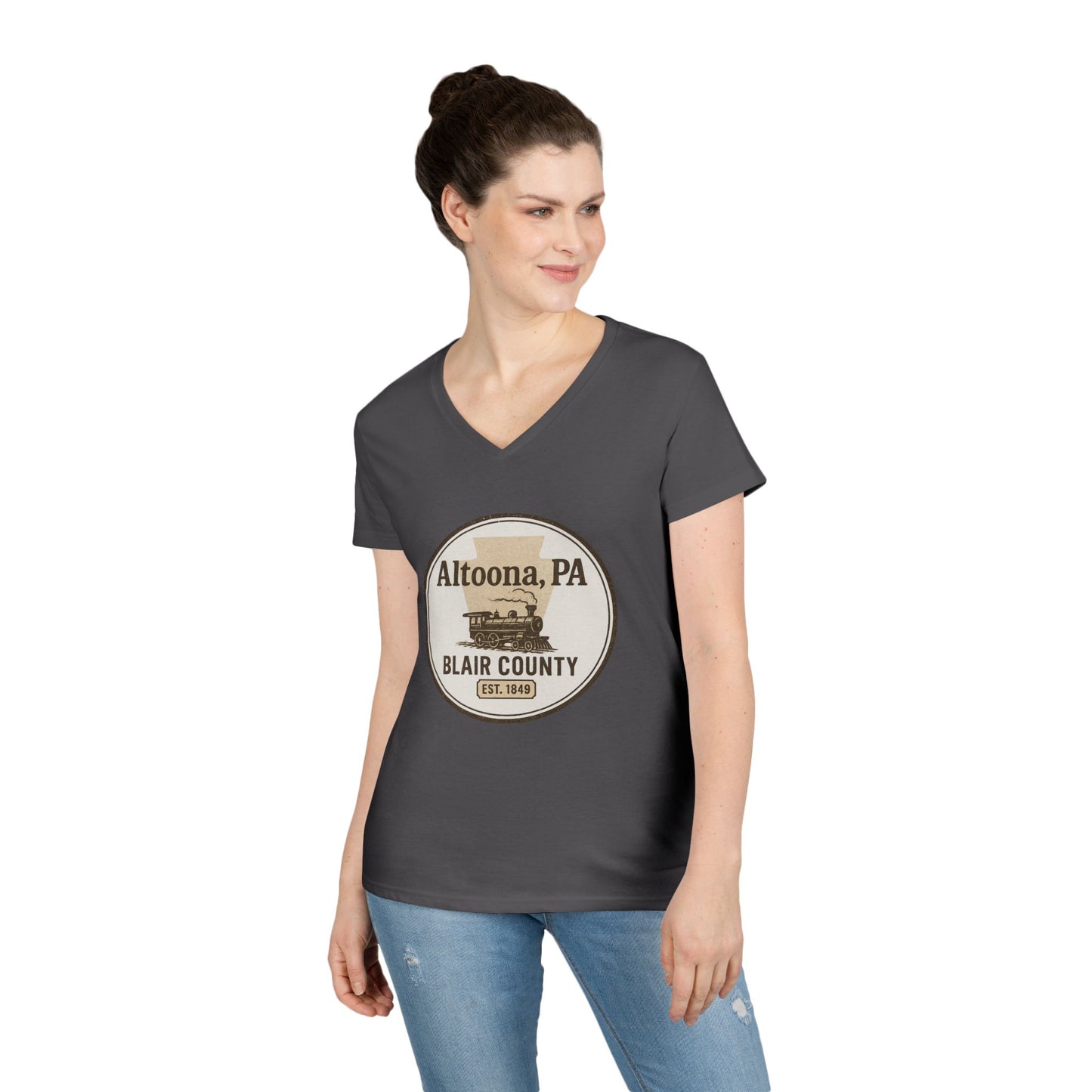 Woman wearing a charcoal V-neck Blair County Altoona PA t-shirt with vintage train graphic