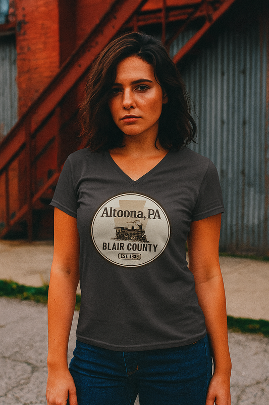 Woman wearing a Blair County Altoona PA t-shirt V-neck by Printify with vintage train design
