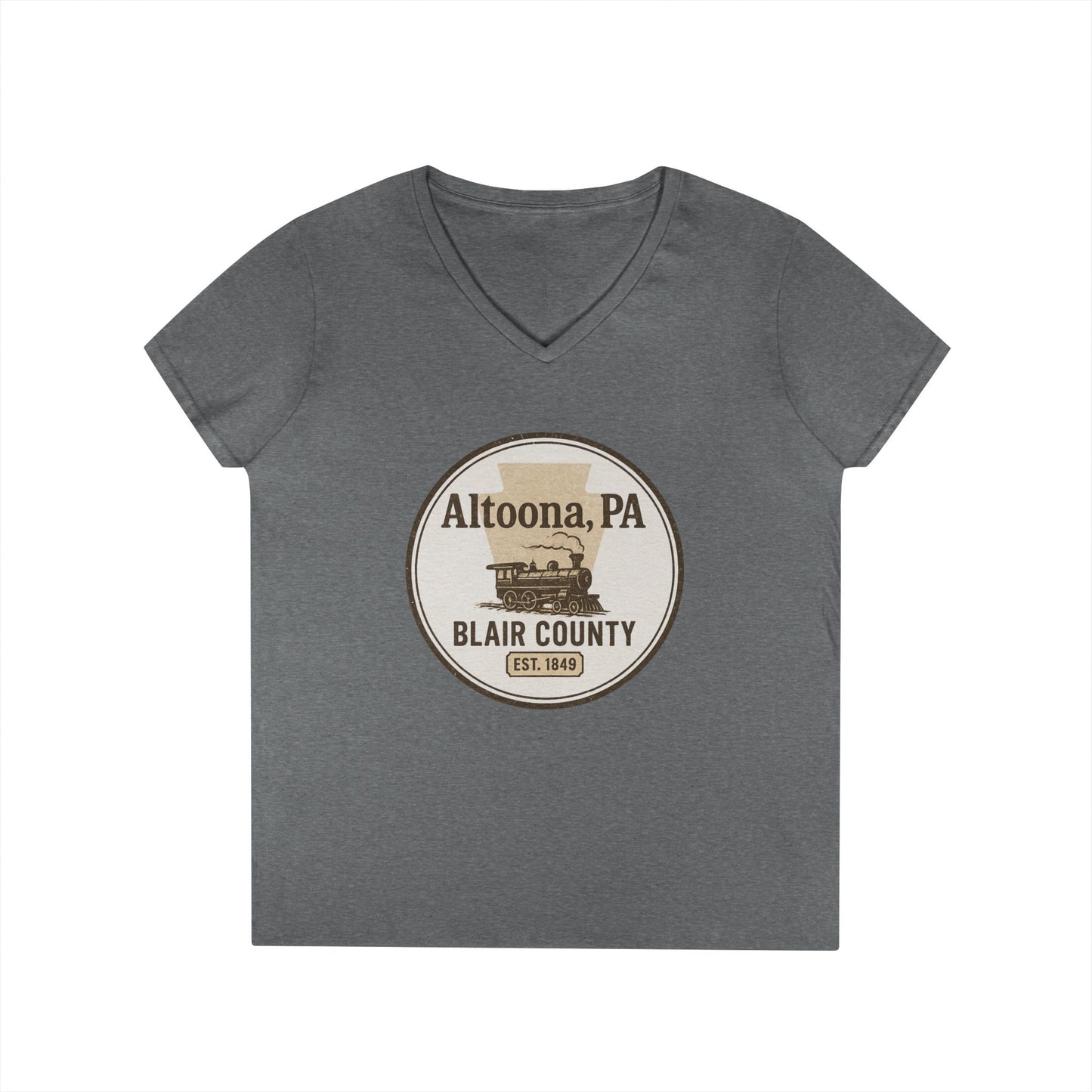Gray V-neck Blair County Altoona PA t-shirt with vintage train graphic and established 1849 text