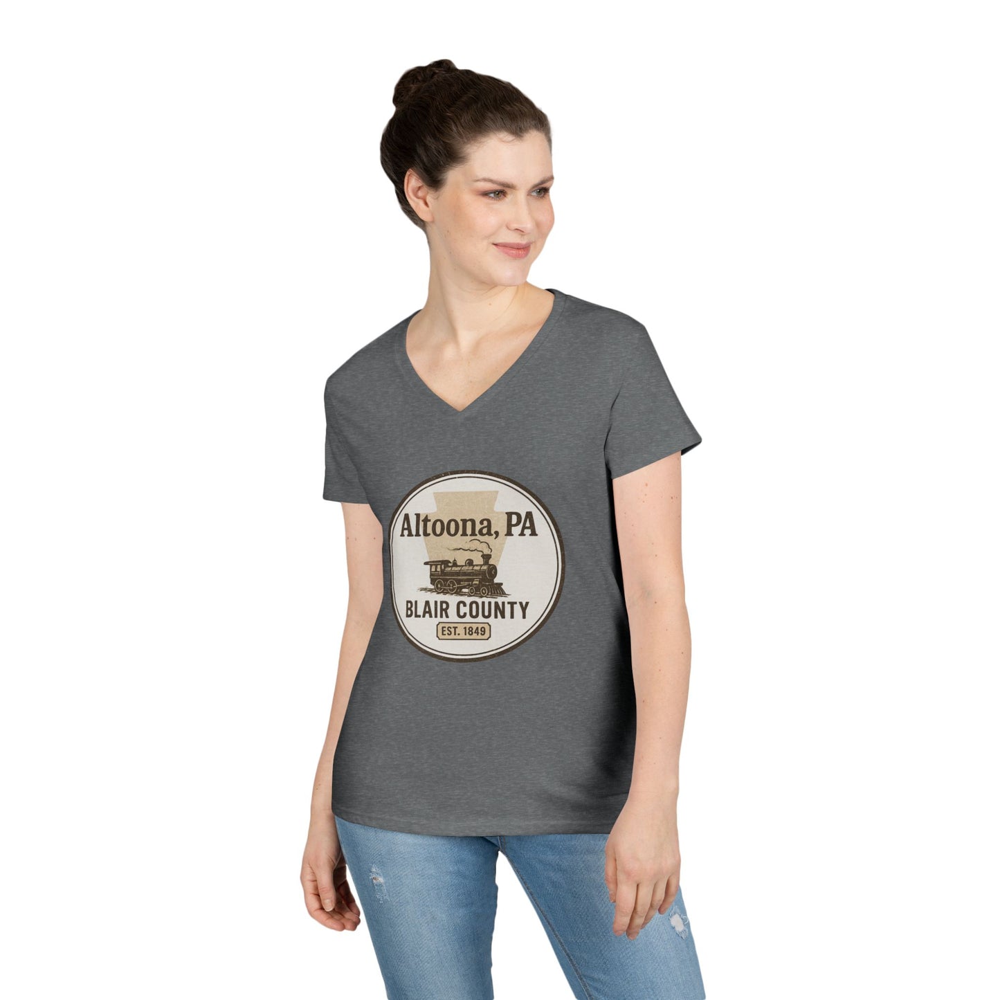 Printify V-neck Blair County Altoona PA t-shirt in charcoal worn by woman with graphic logo