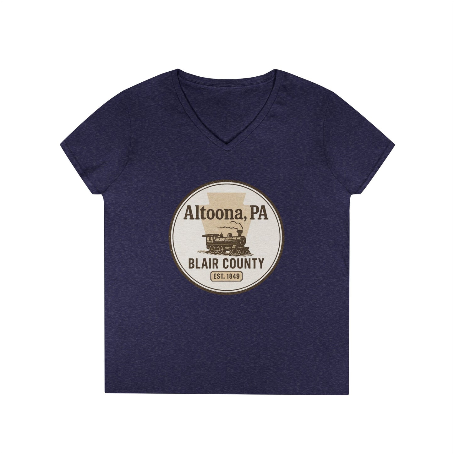 Navy blue V-neck Blair County Altoona PA t-shirt with vintage train graphic and text design