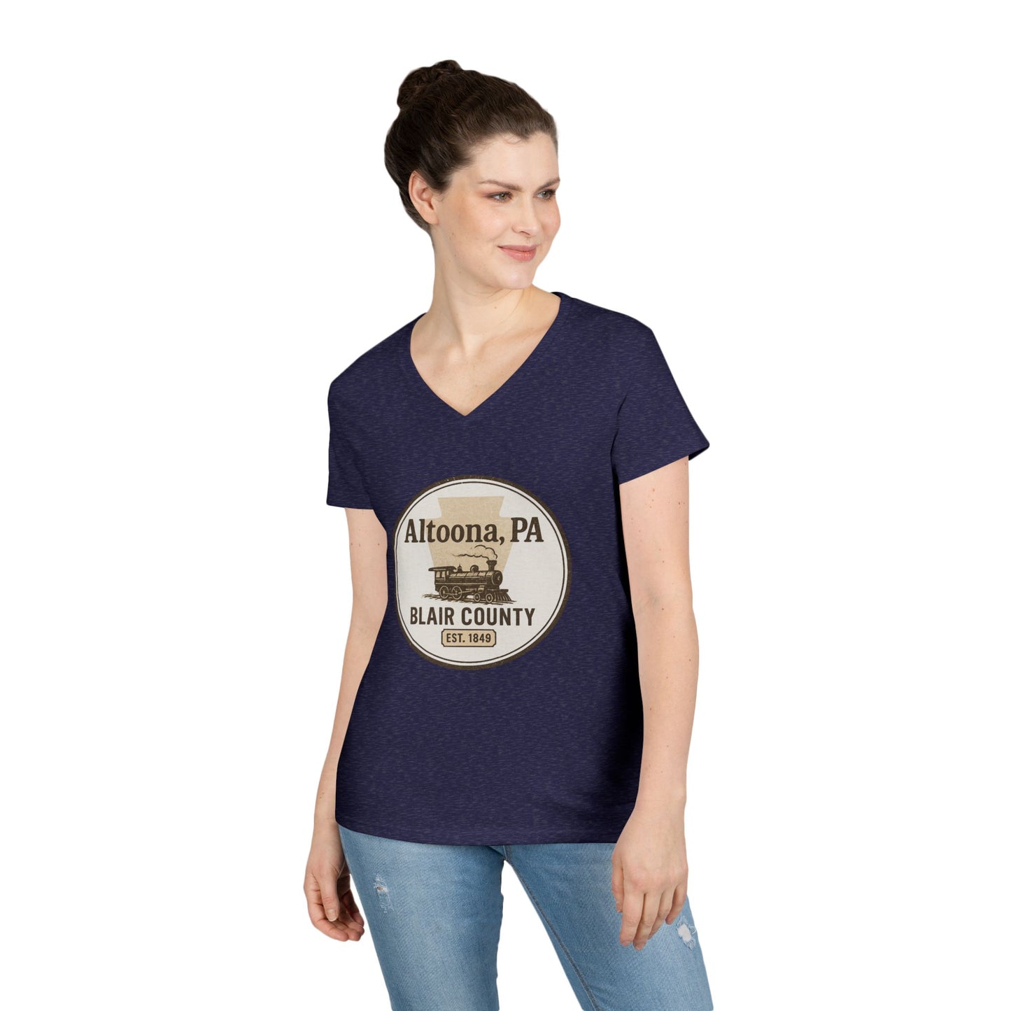 Printify navy blue V-neck Blair County Altoona PA t-shirt worn by woman in jeans