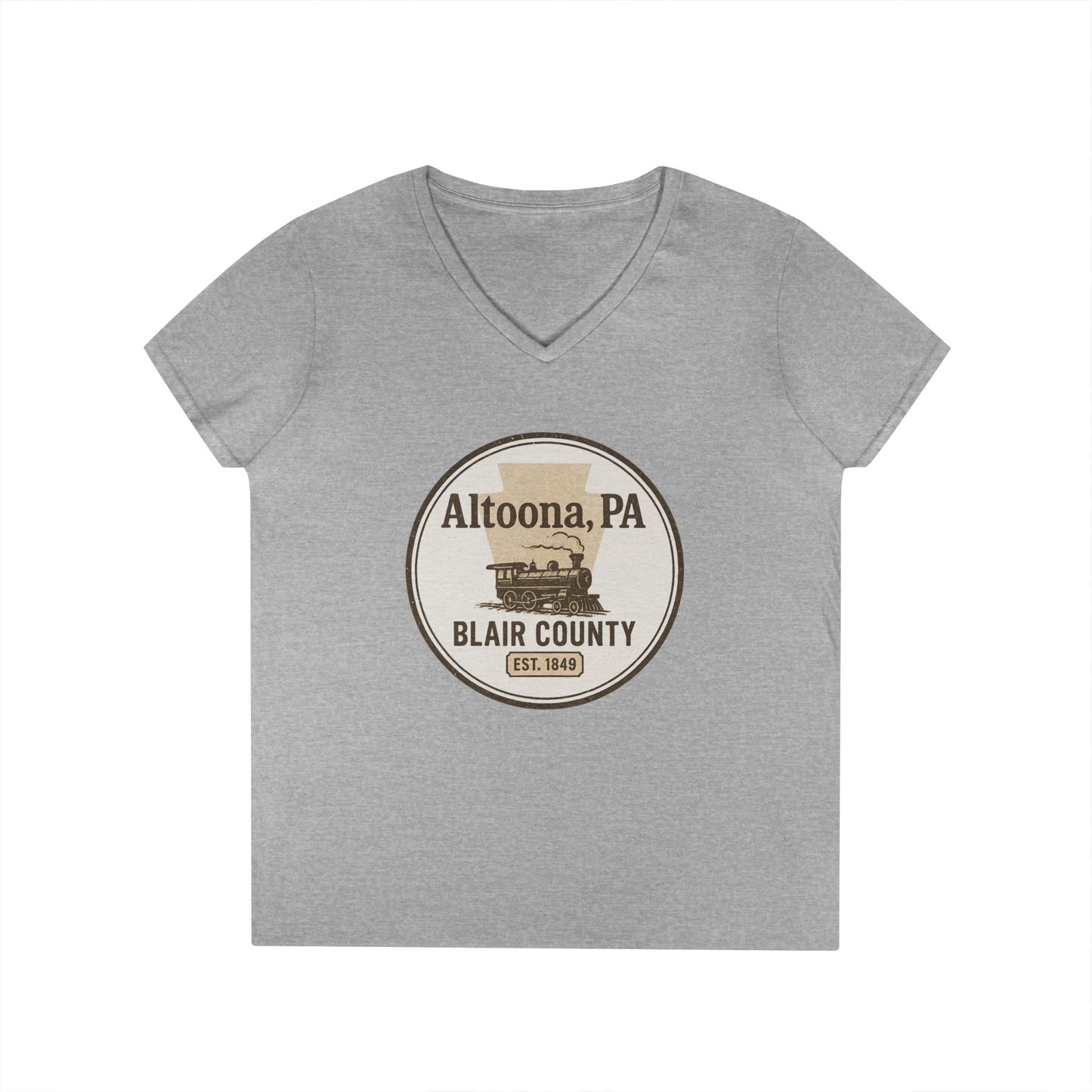 Gray V-neck Blair County Altoona PA t-shirt with vintage steam train graphic by Printify