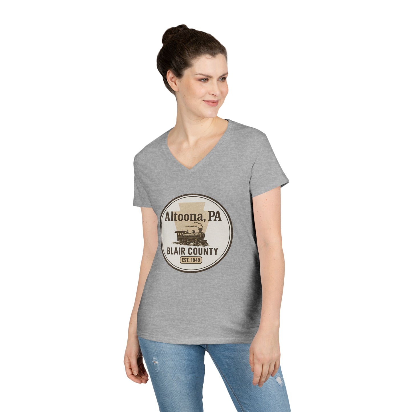 Printify gray V-neck Blair County Altoona PA t-shirt with vintage train graphic worn by woman