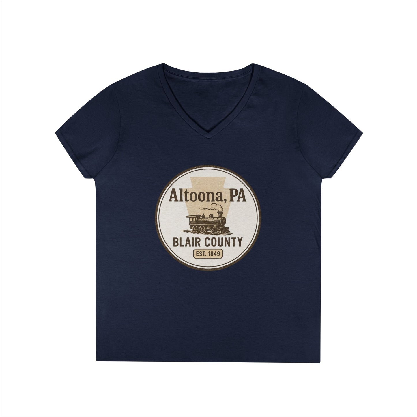 Navy blue V-neck Blair County Altoona PA t-shirt with vintage train graphic and printed text