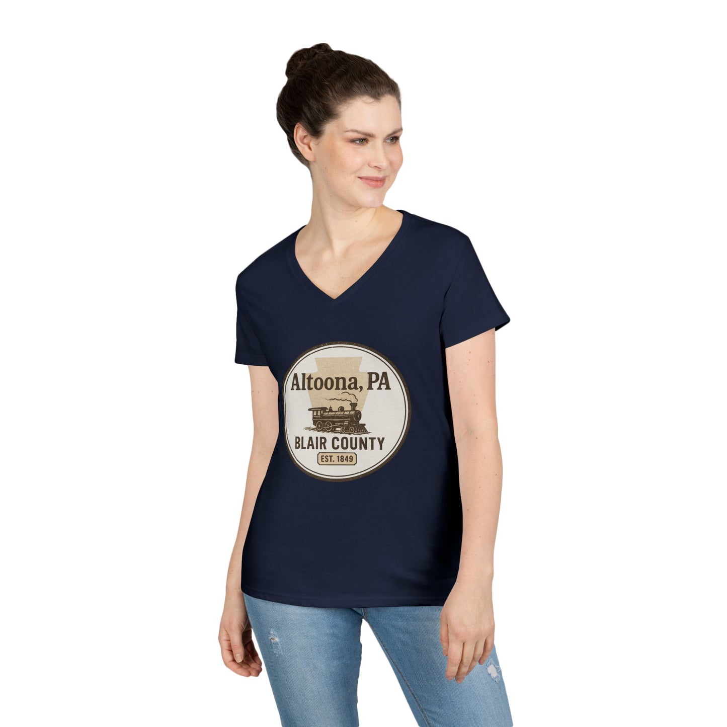 Printify navy v-neck Blair County Altoona PA t-shirt with vintage train graphic worn by woman