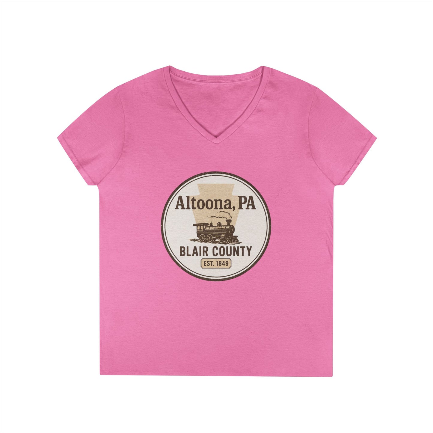 Pink V-neck Blair County Altoona PA t-shirt with vintage train graphic by Printify