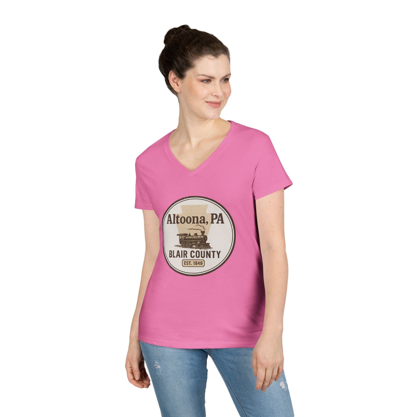 Pink V-neck Blair County Altoona PA t-shirt by Printify featuring a vintage train graphic