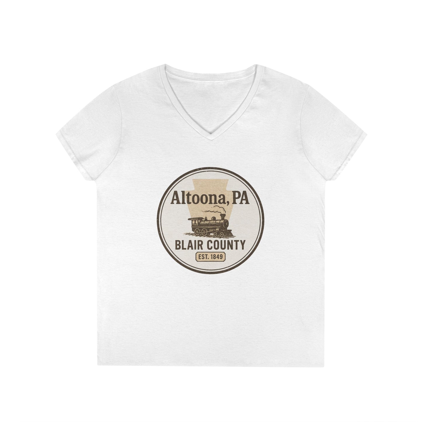 White V-neck Blair County Altoona PA t-shirt with vintage train graphic and established date 1849