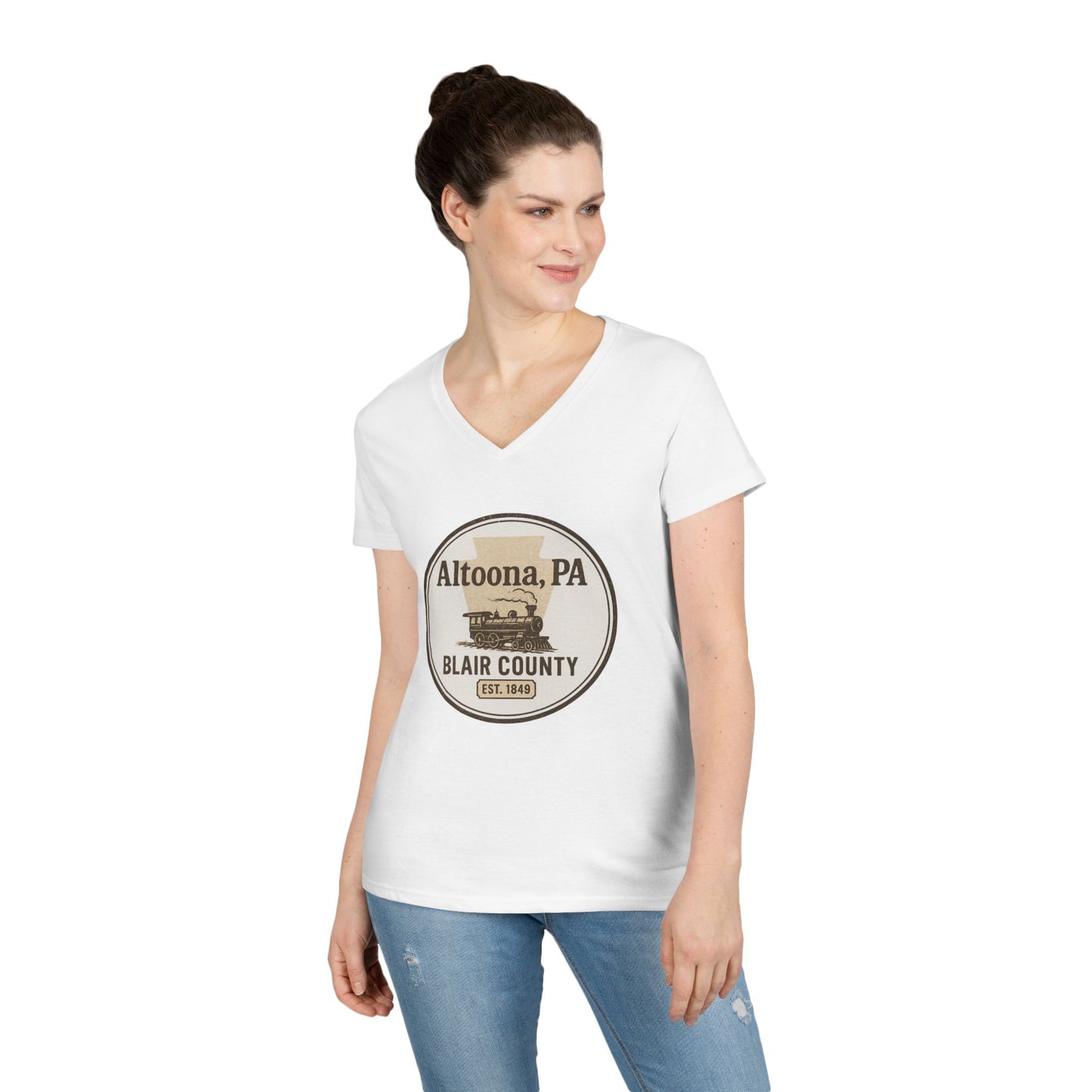 White Printify V-neck Blair County Altoona PA t-shirt with vintage train graphic worn by woman