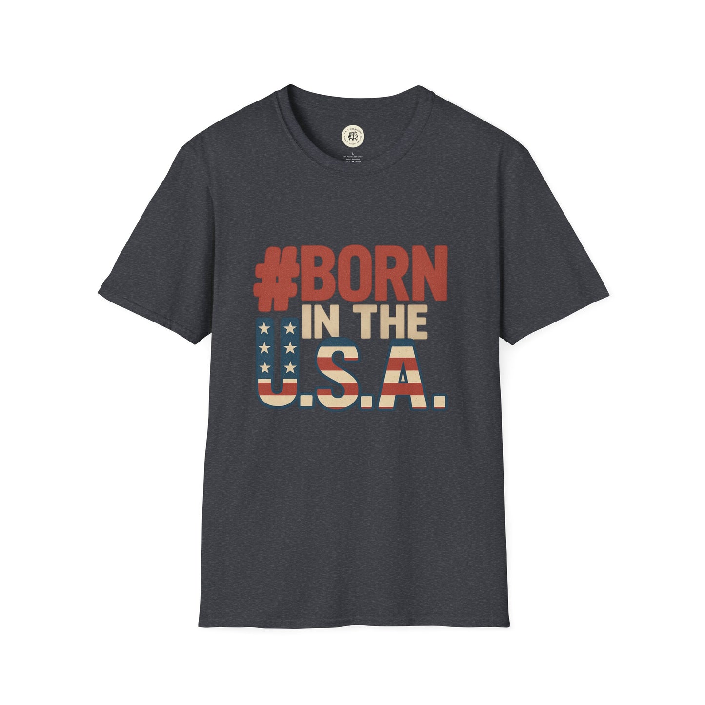 Printify Born in the USA t-shirt in dark gray with patriotic red and blue flag text design