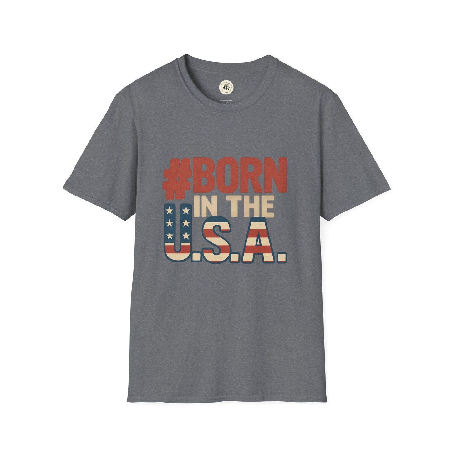 Gray Printify Born in the USA t-shirt with patriotic text and flag design on front