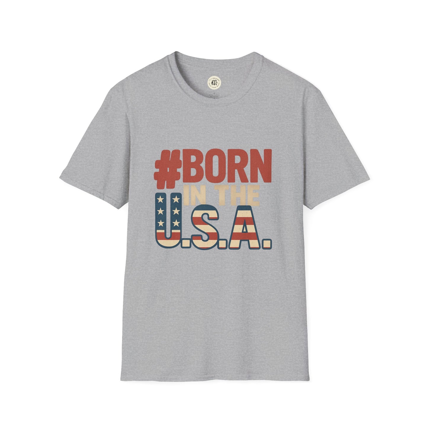 Printify gray Born in the USA t-shirt with patriotic stars and stripes design on front