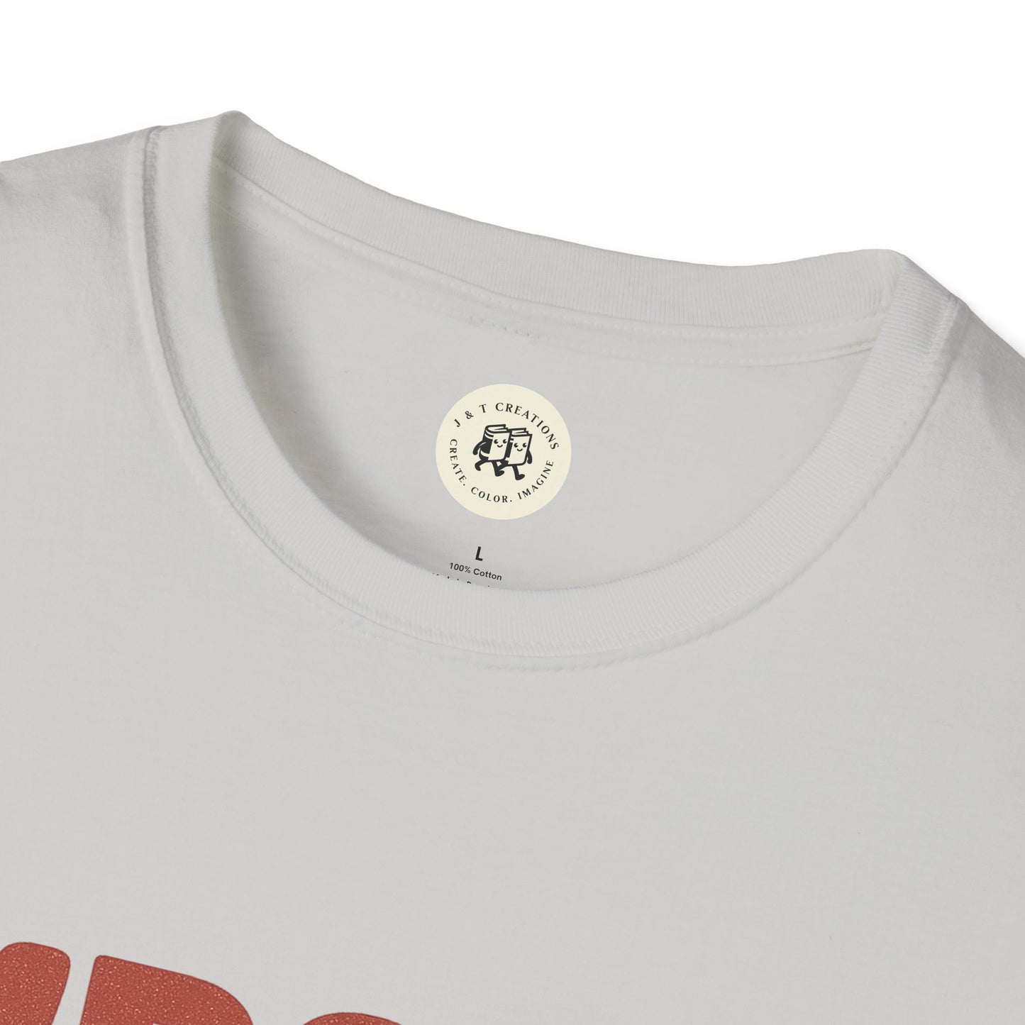 Close-up of white Printify Born in the USA t-shirt collar and tag detail