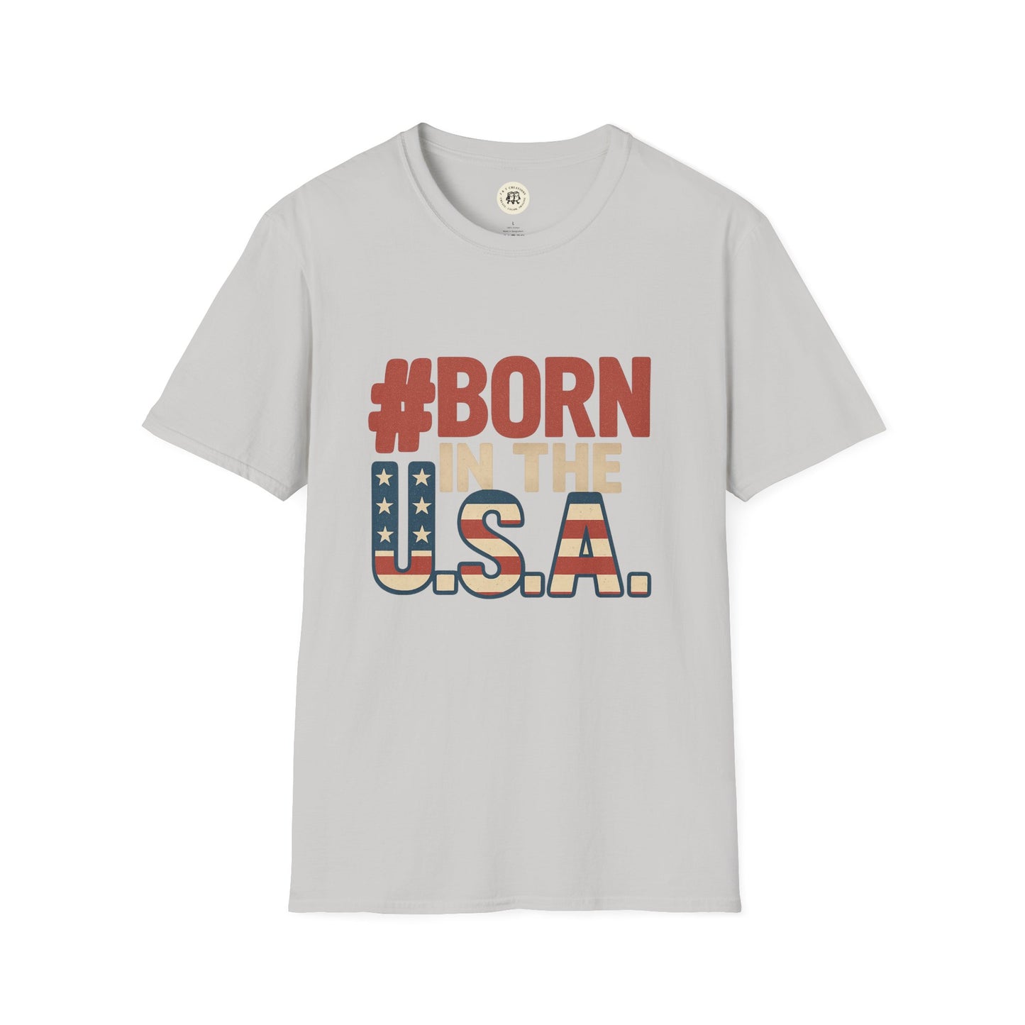 Light gray Printify Born in the USA t-shirt with patriotic red white and blue graphic design