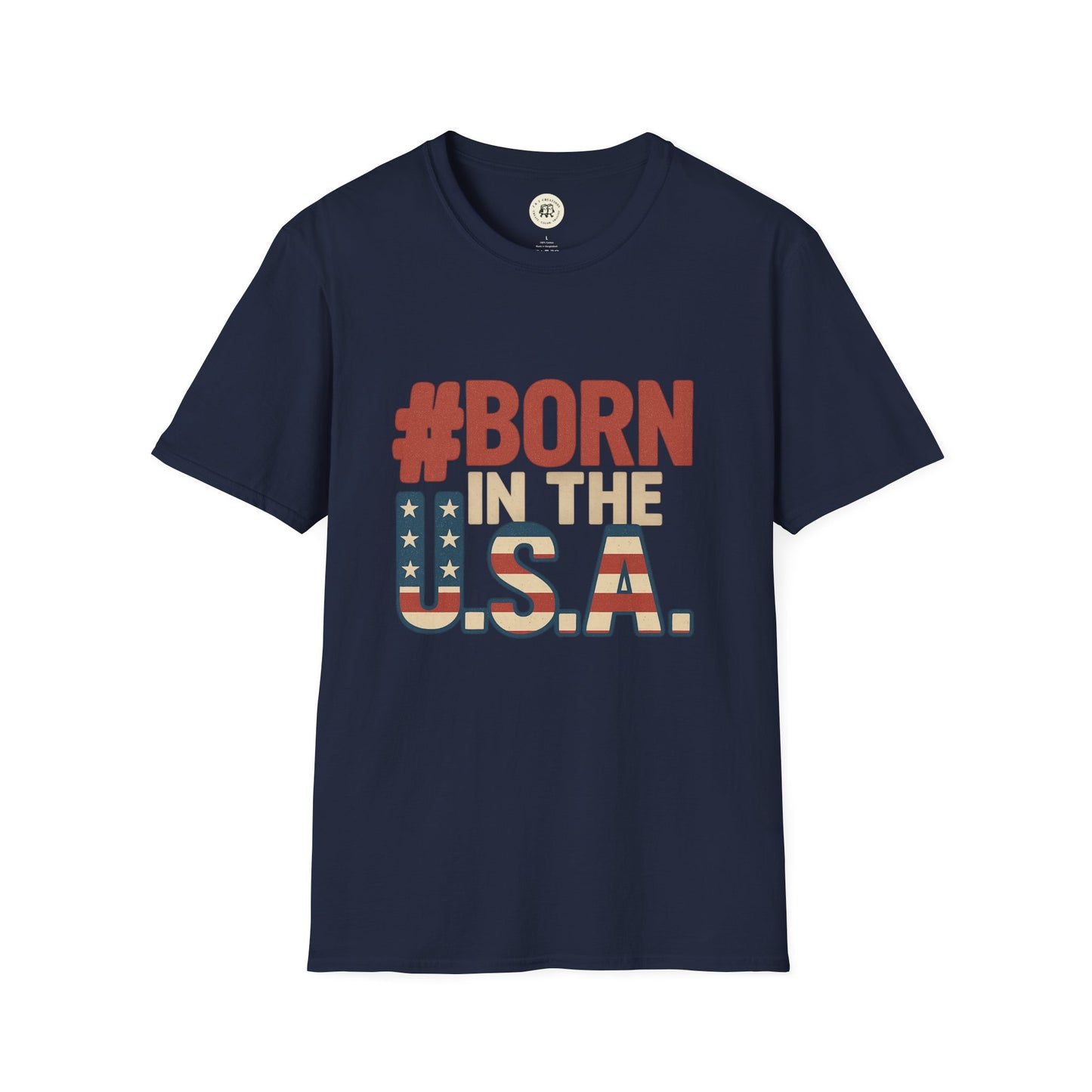 Navy blue Born in the USA t-shirt with red, white, and blue patriotic text design