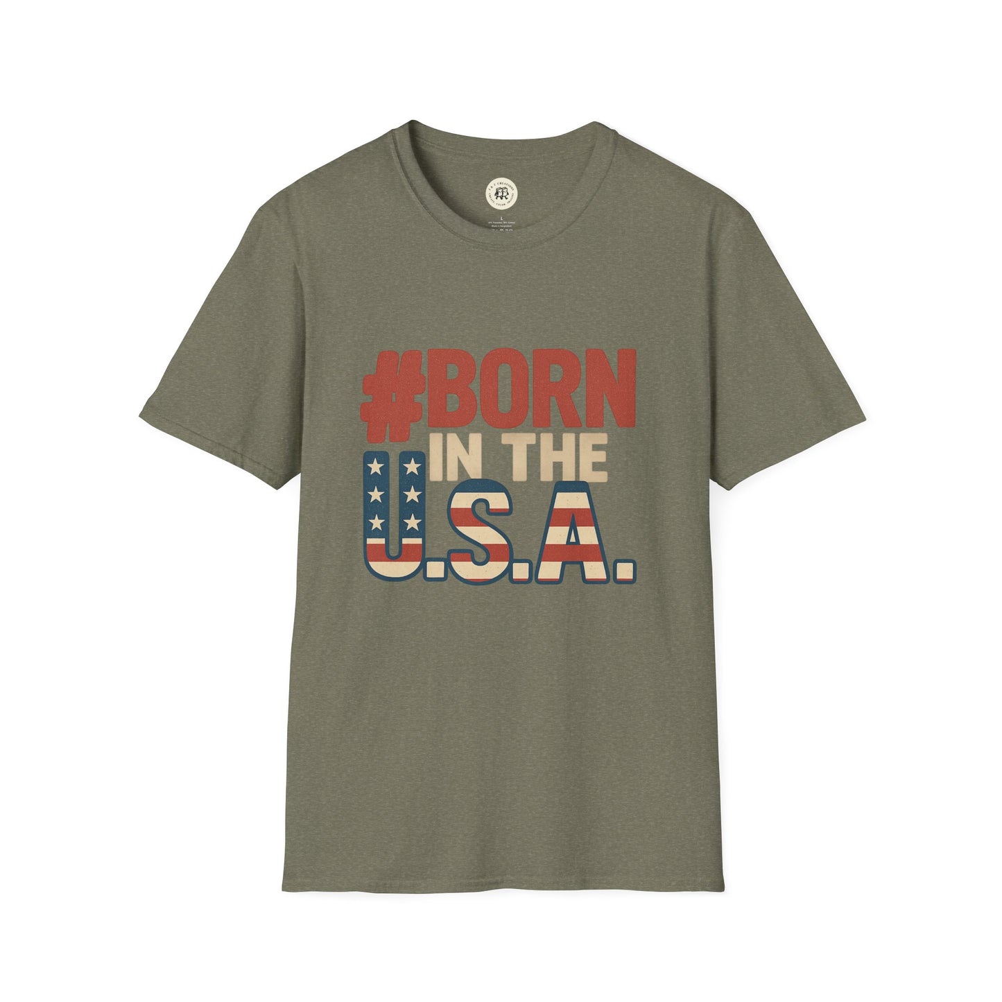 Printify olive green Born in the USA t-shirt with red, beige, and stars and stripes design