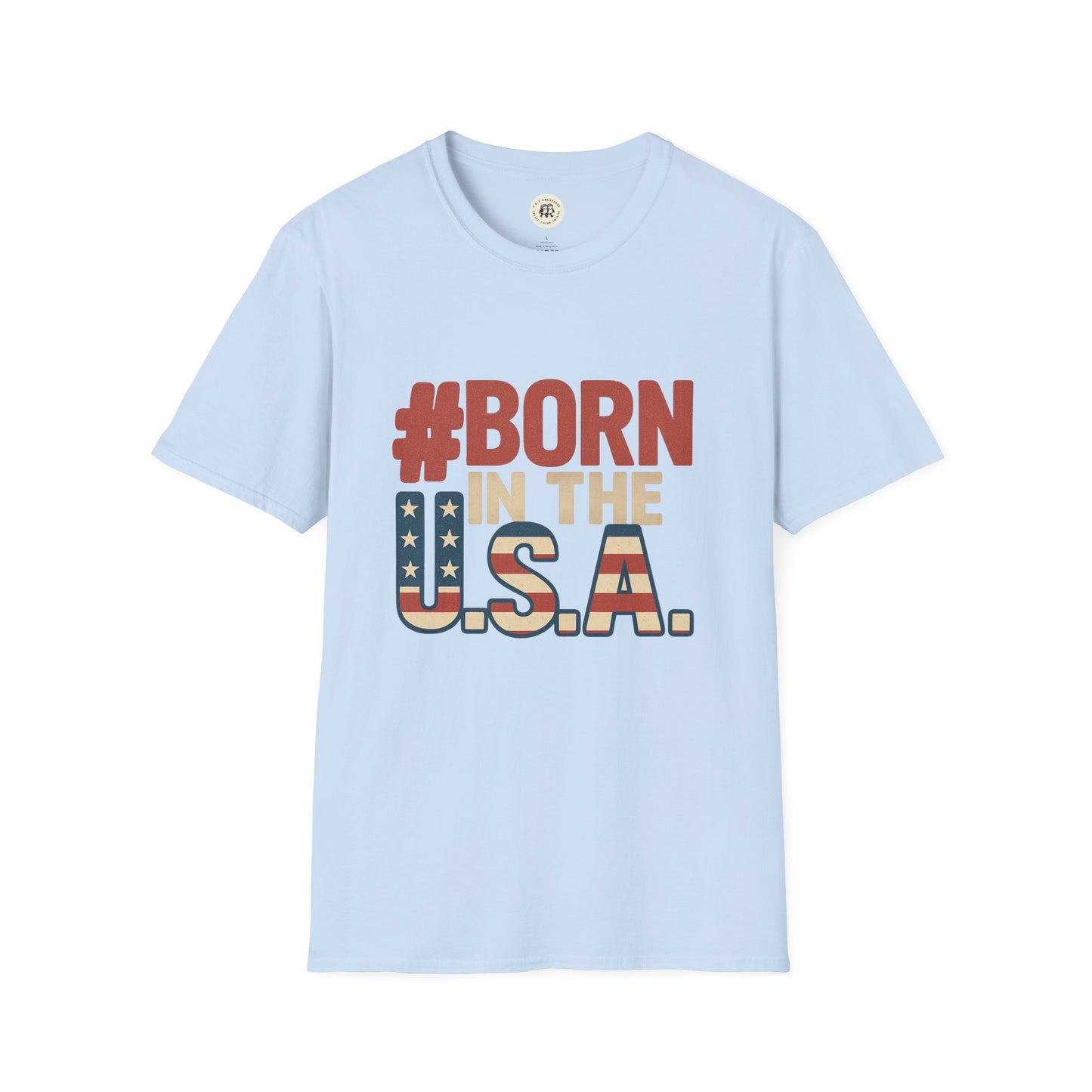 Light blue Printify Born in the USA t-shirt with patriotic text and flag design