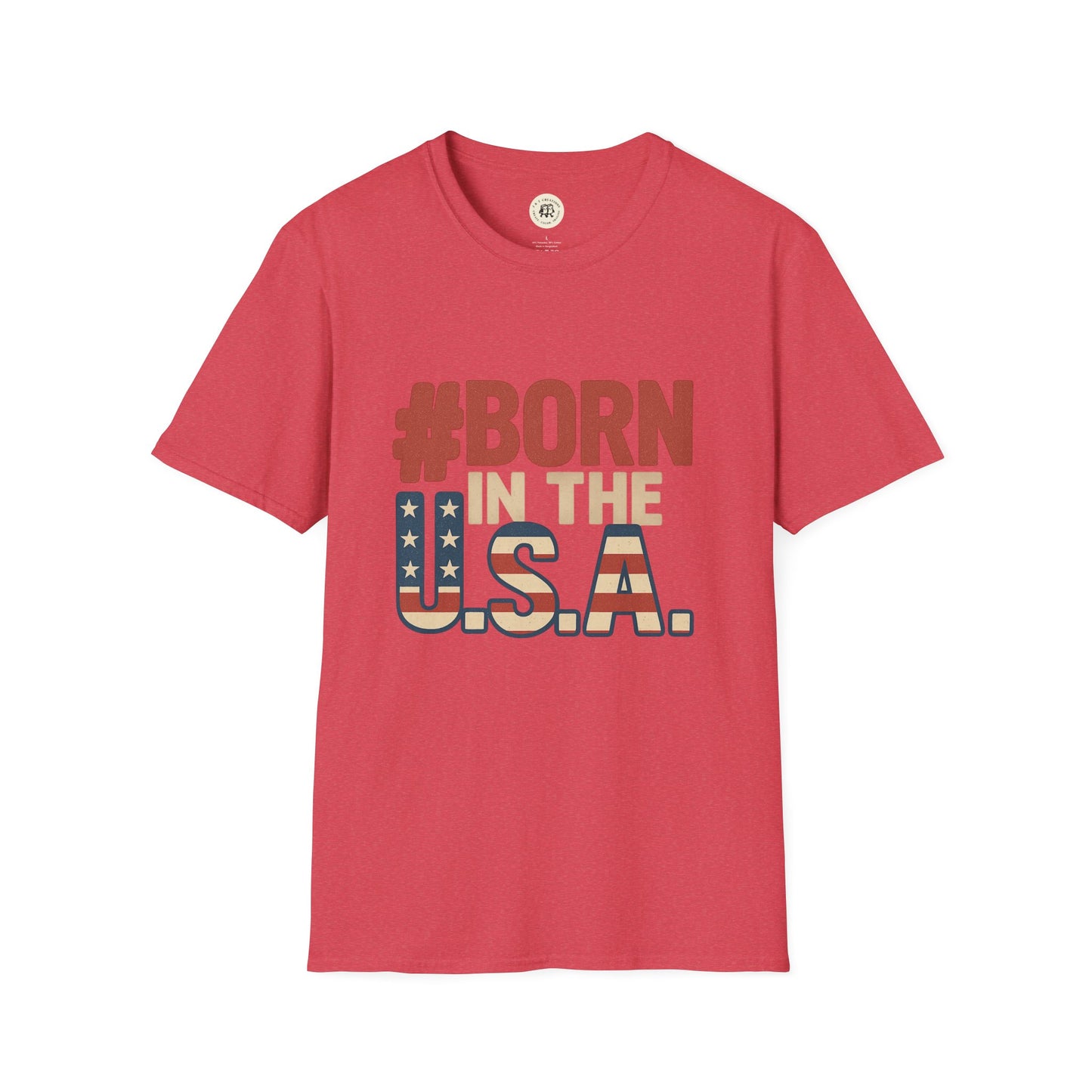 Red Printify T-shirt with Born in the USA t-shirt patriotic text and flag design
