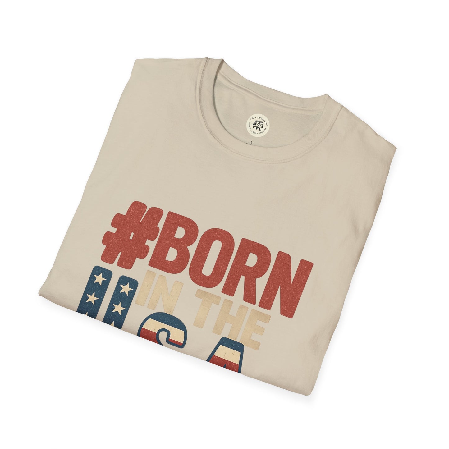 Printify beige Born in the USA t-shirt with patriotic red and blue text and star design