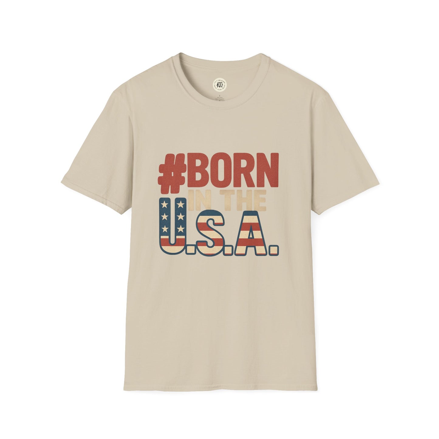 Beige Born in the USA t-shirt with patriotic red white and blue text and star design by Printify