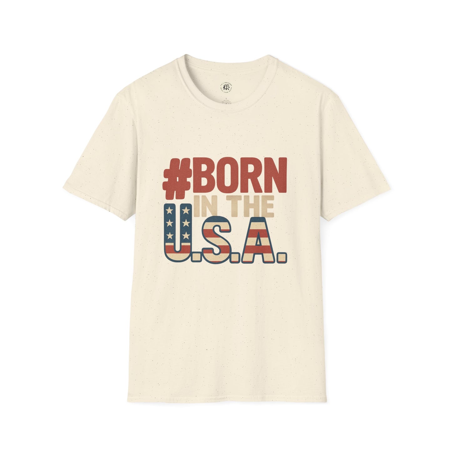 Printify Born in the USA t-shirt in cream with patriotic red blue and beige text design