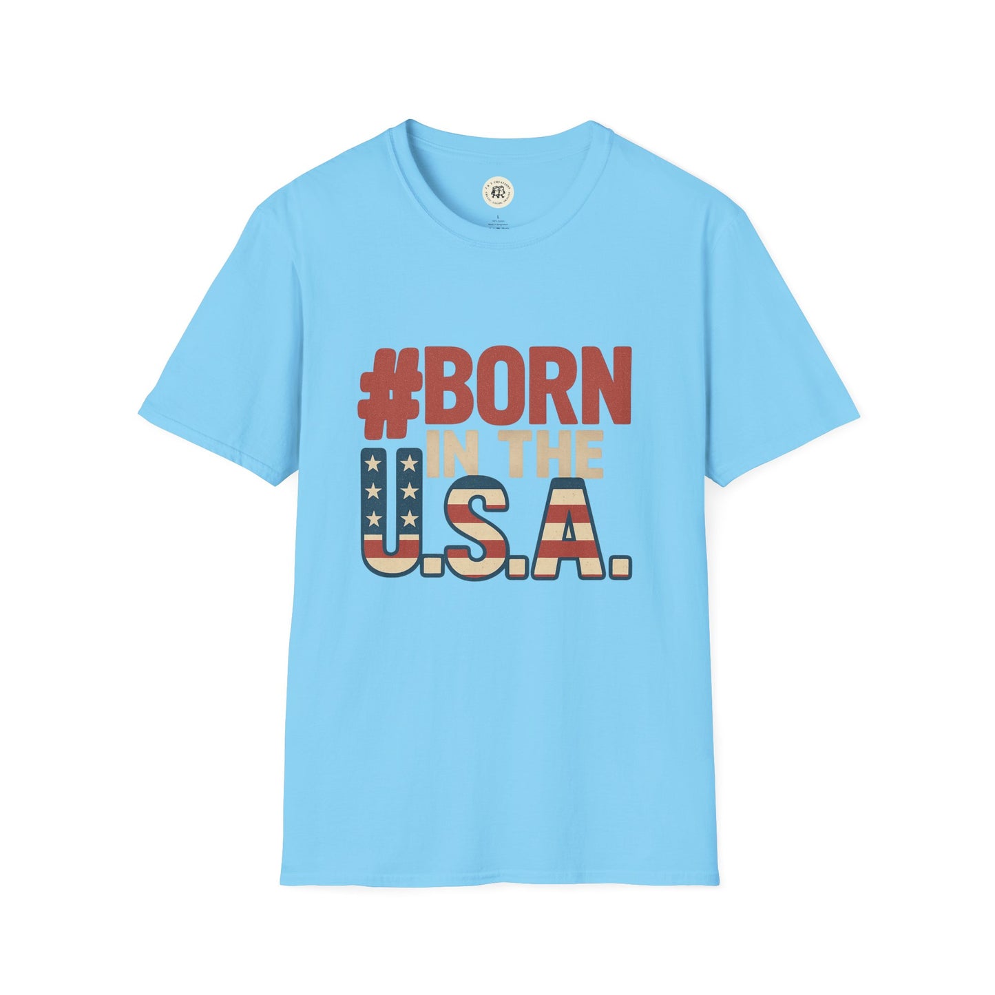 Light blue Born in the USA t-shirt with patriotic red white and blue text graphic