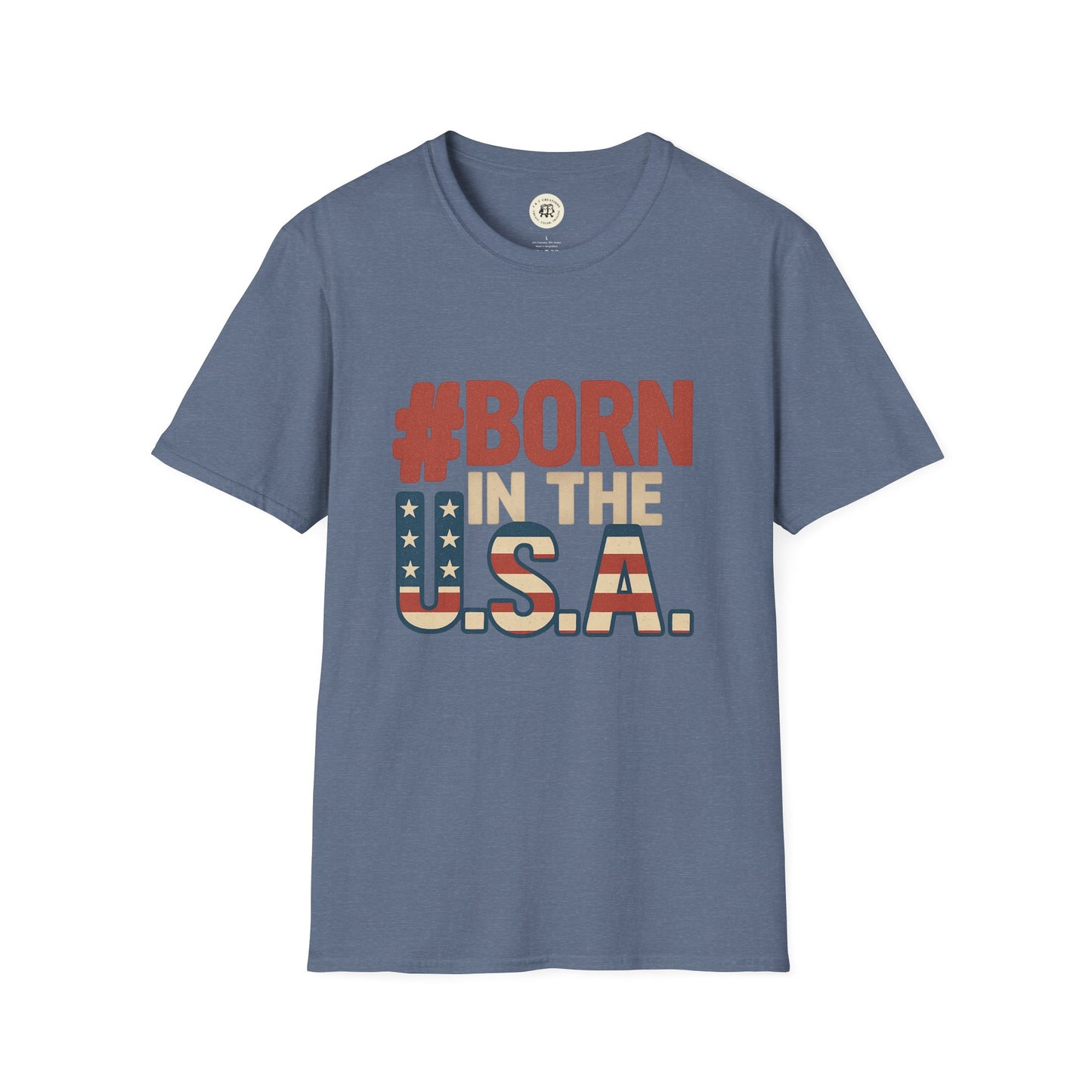 Blue Printify Born in the USA t-shirt with patriotic red white and blue text design