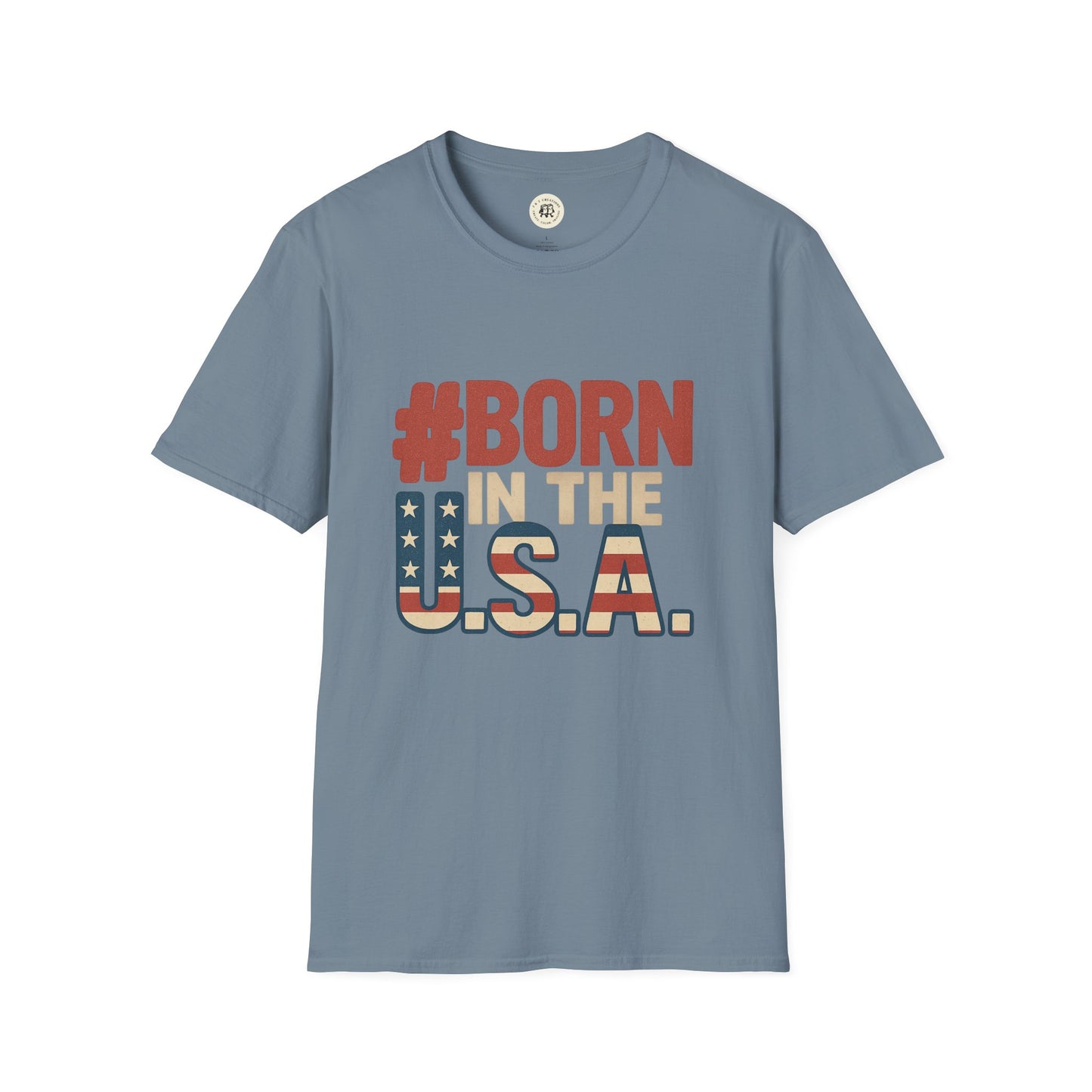 Printify Born in the USA t-shirt in blue with patriotic red white and blue text design