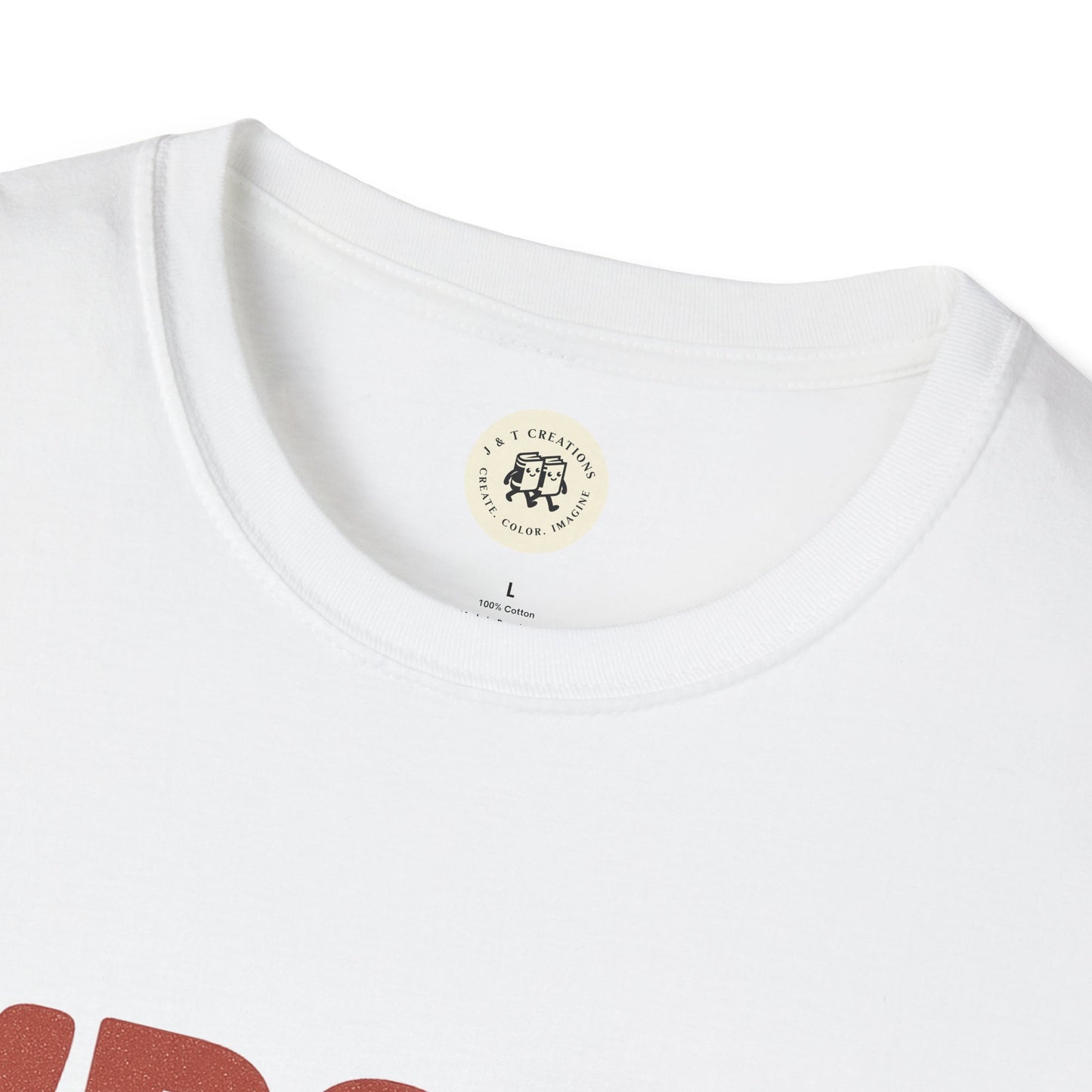 Close-up of white Printify Born in the USA t-shirt collar and upper chest area