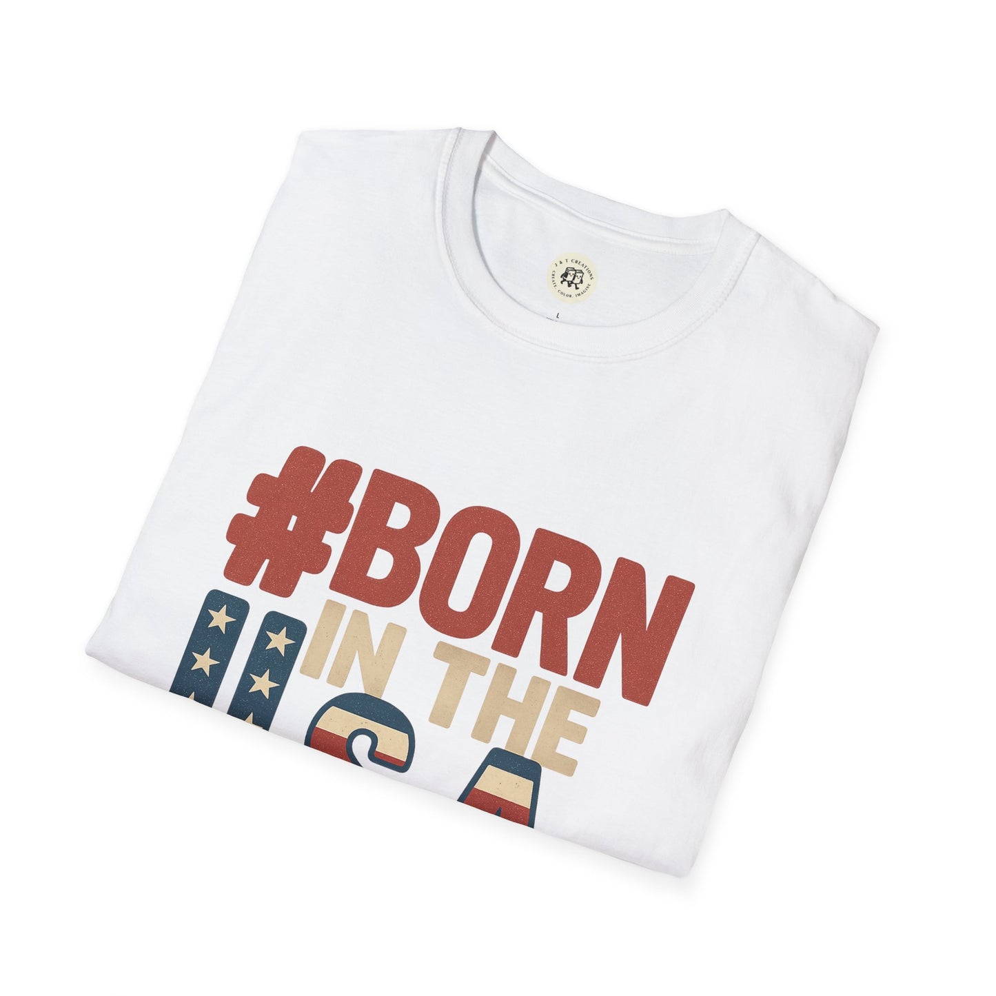 White Born in the USA t-shirt with patriotic red, beige, and blue print folded flat by Printify