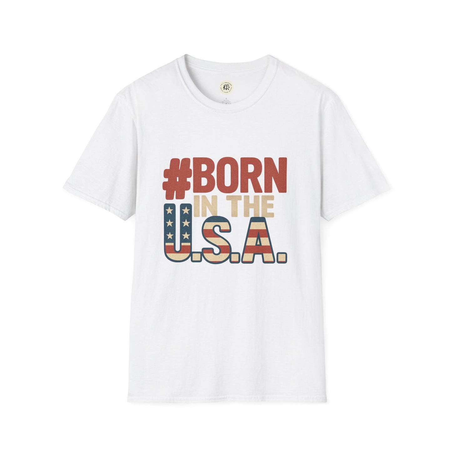 White Printify Born in the USA t-shirt with patriotic text and American flag design