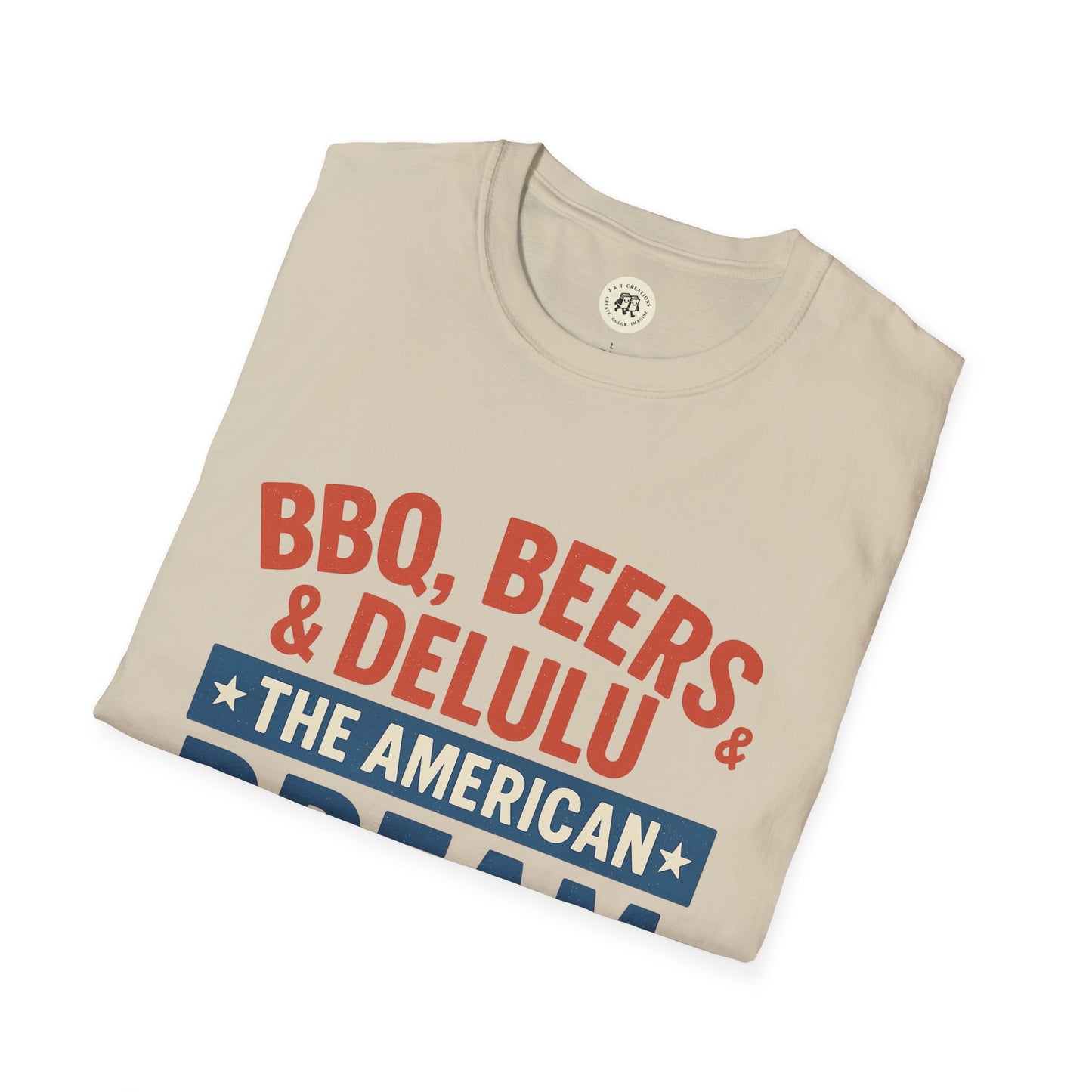 Beige Printify t-shirt with BBQ beers American dream shirt text in red and blue print