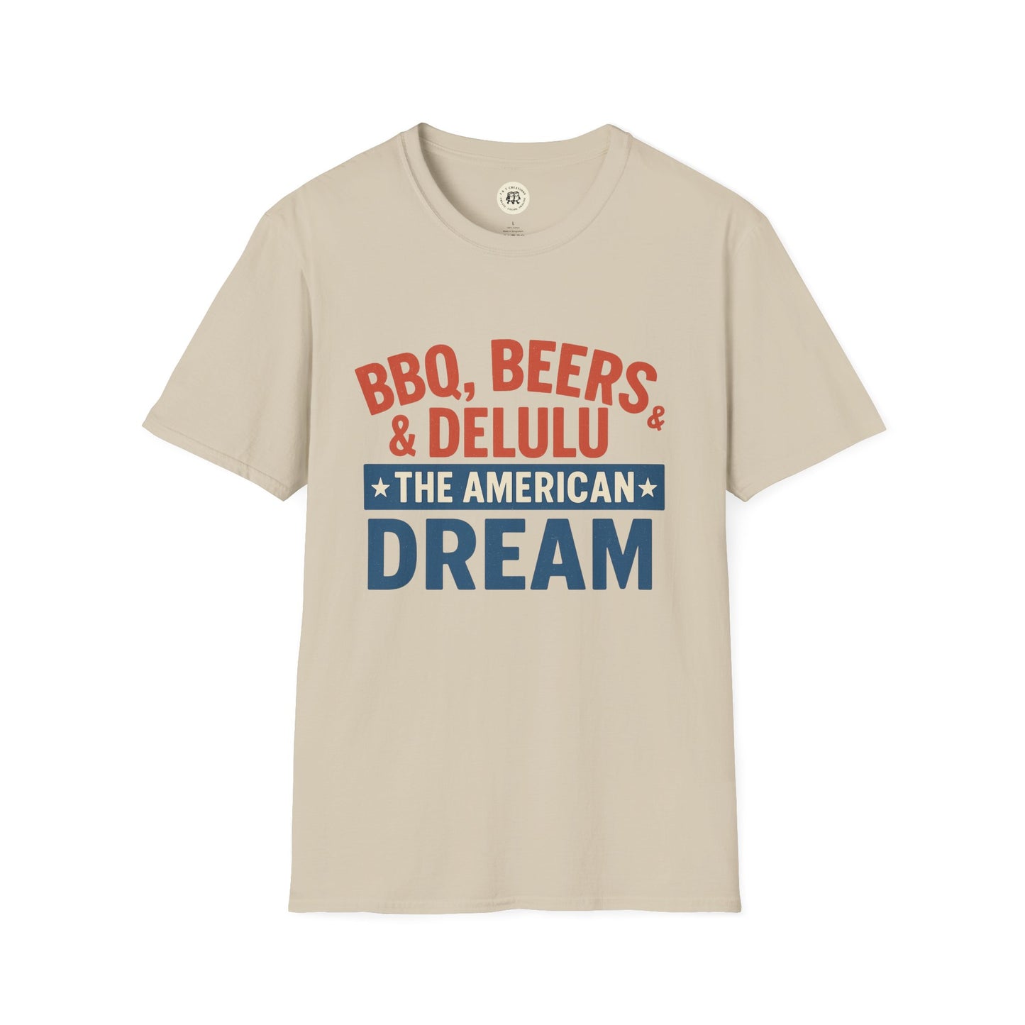 Printify beige T-shirt with BBQ beers American dream shirt graphic in red and blue text