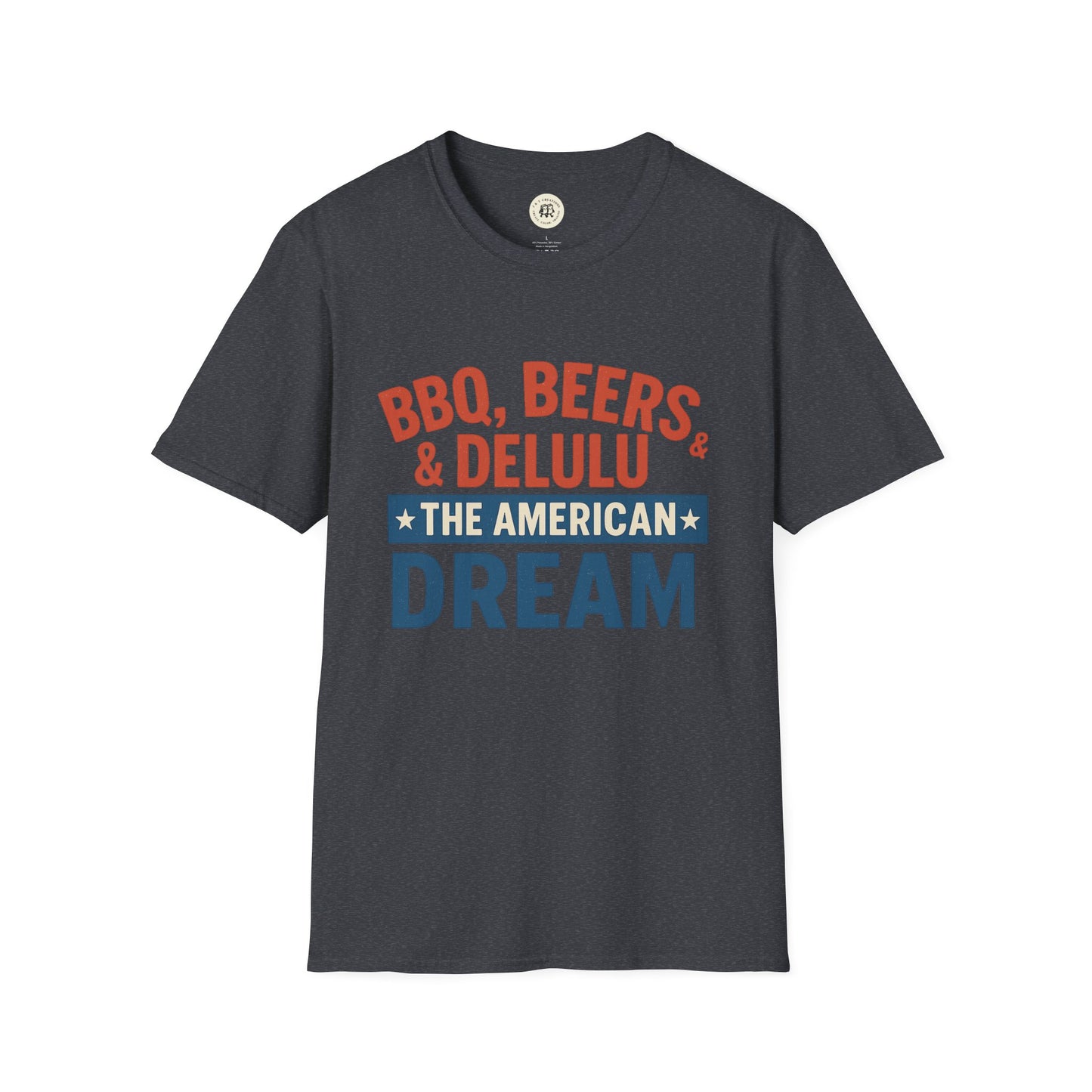 Printify black T-Shirt with BBQ beers American dream shirt text in red, white, and blue