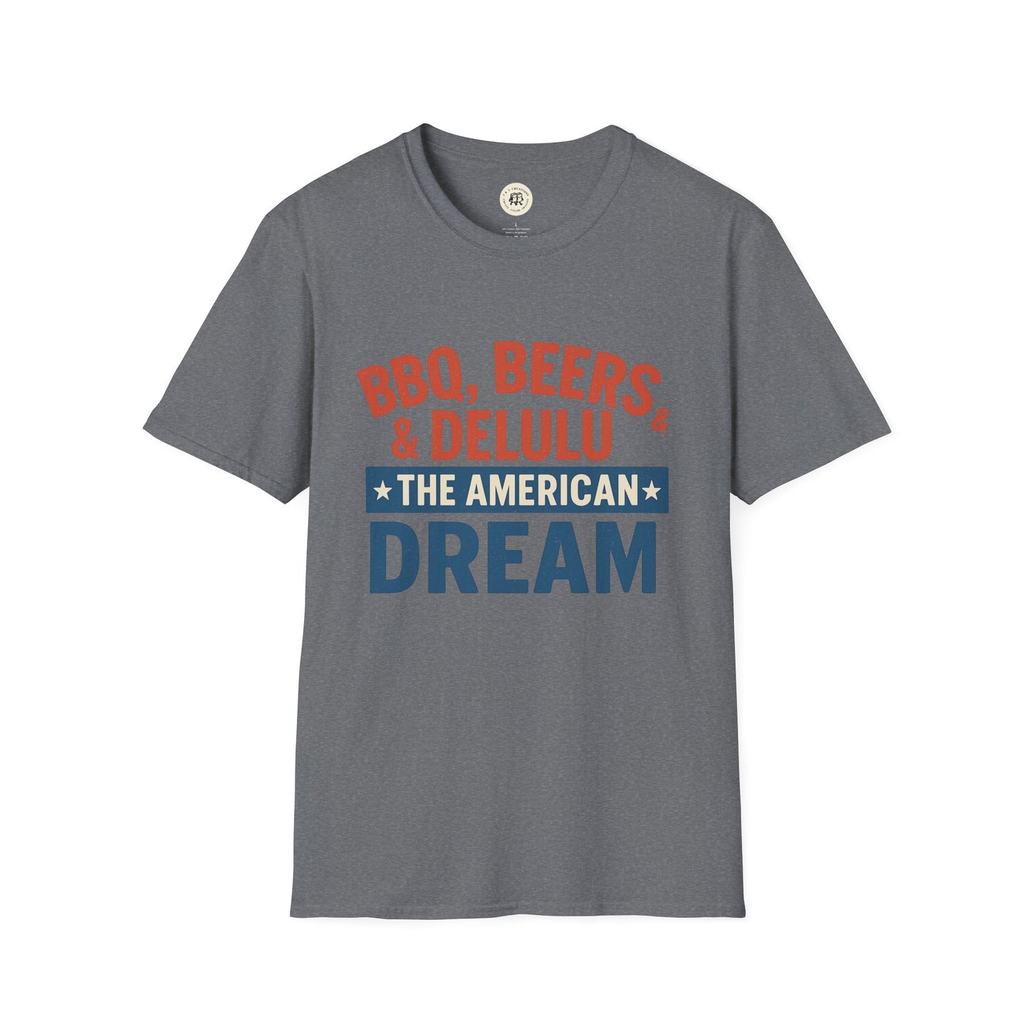 Gray Printify t-shirt with BBQ beers American dream shirt graphic in red and blue text