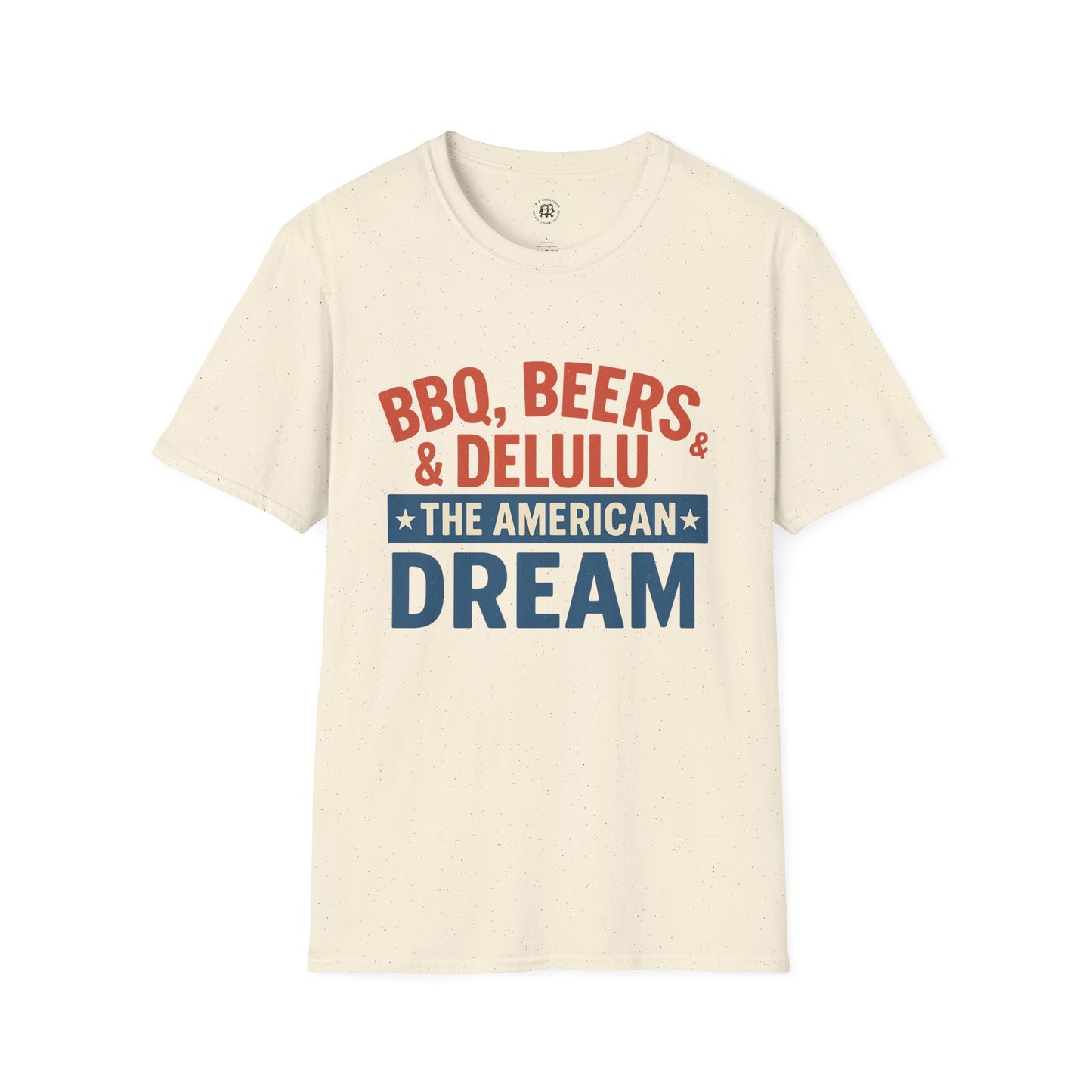 Printify cream T-shirt with BBQ beers American dream shirt text in red and blue font