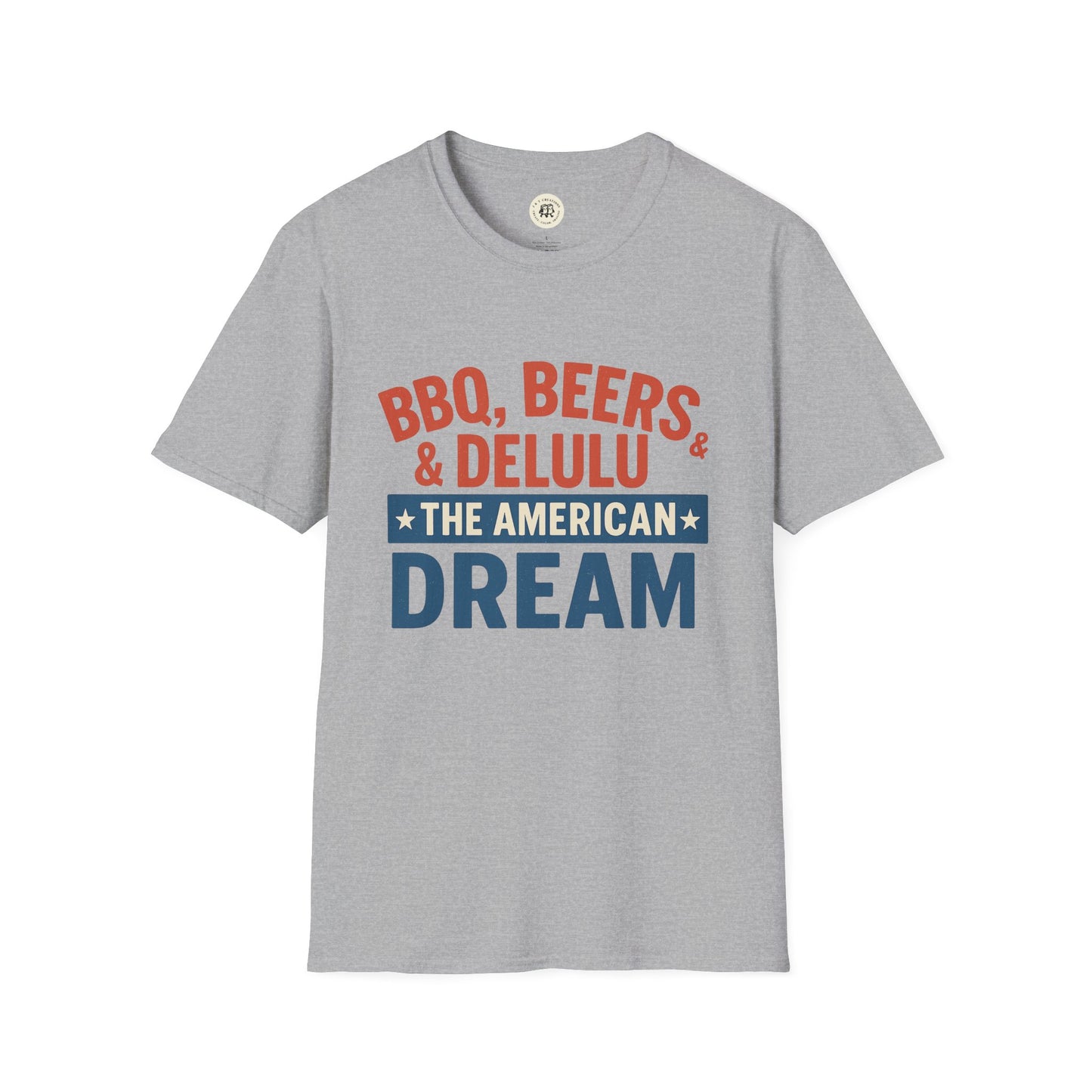Gray Printify t-shirt featuring BBQ beers American dream shirt design in red and blue text