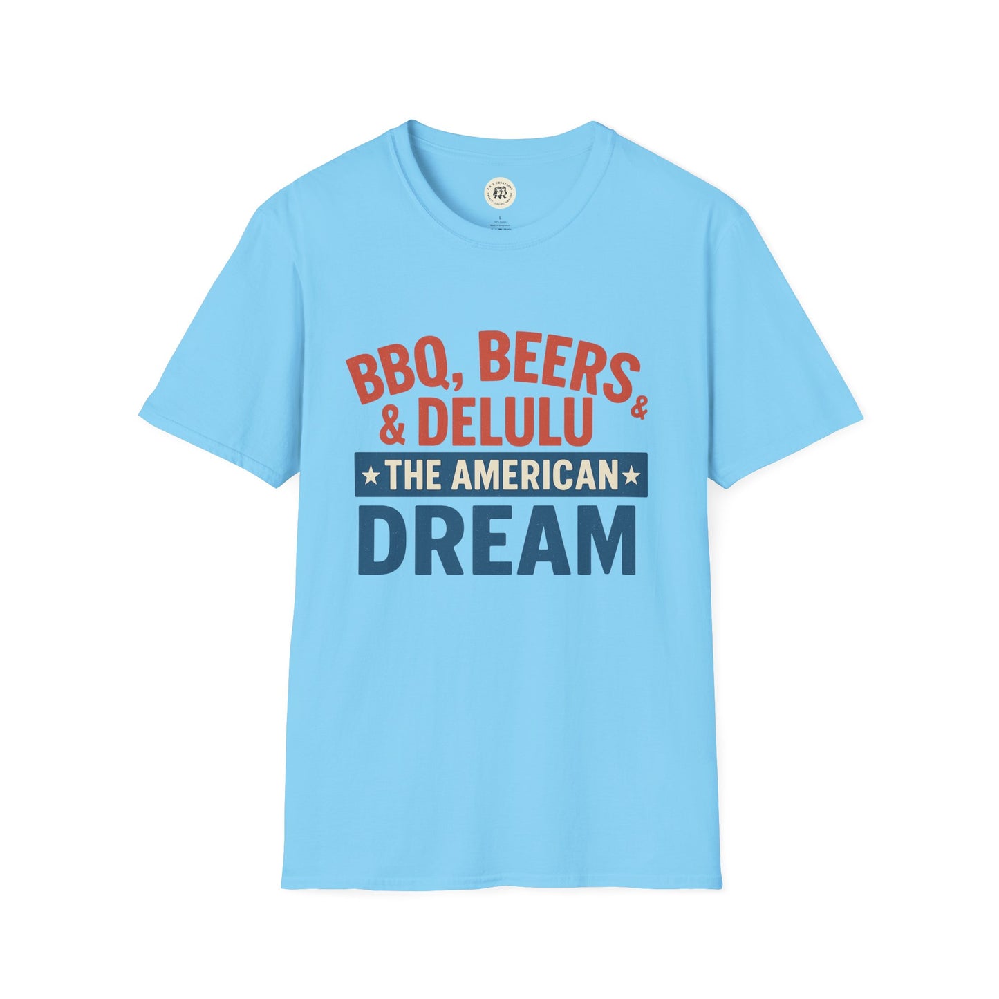 Light blue BBQ beers American dream shirt with bold red and blue text graphic from Printify