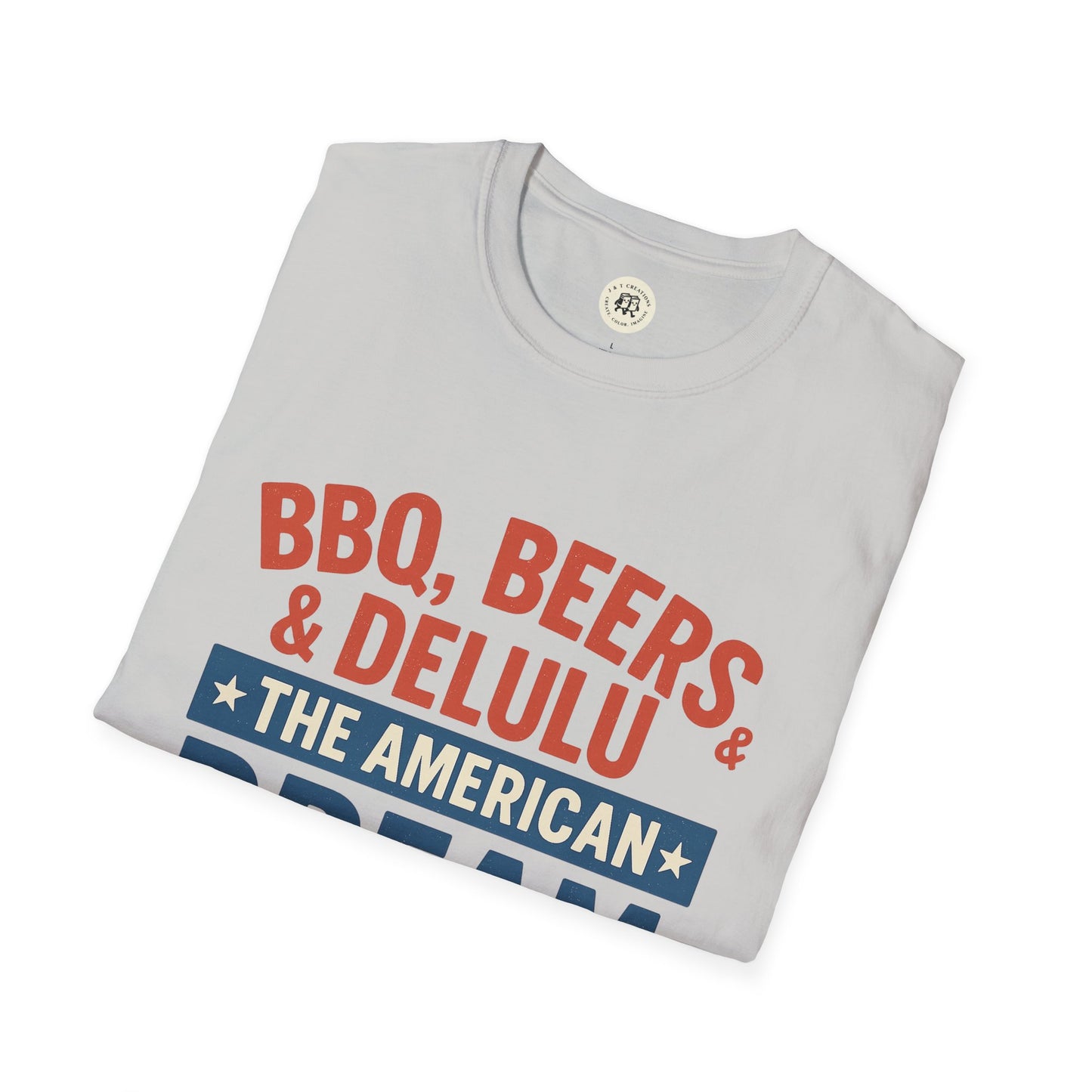 White Printify t-shirt with red and blue text BBQ beers American dream shirt design