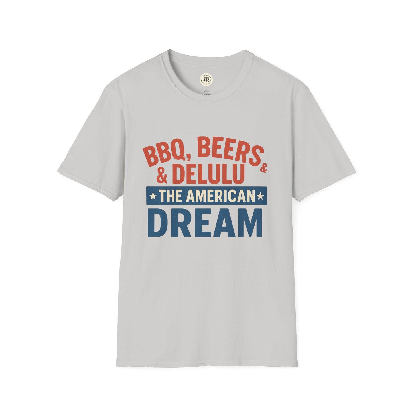 Printify gray T-shirt with BBQ beers American dream shirt text in red and blue graphic design