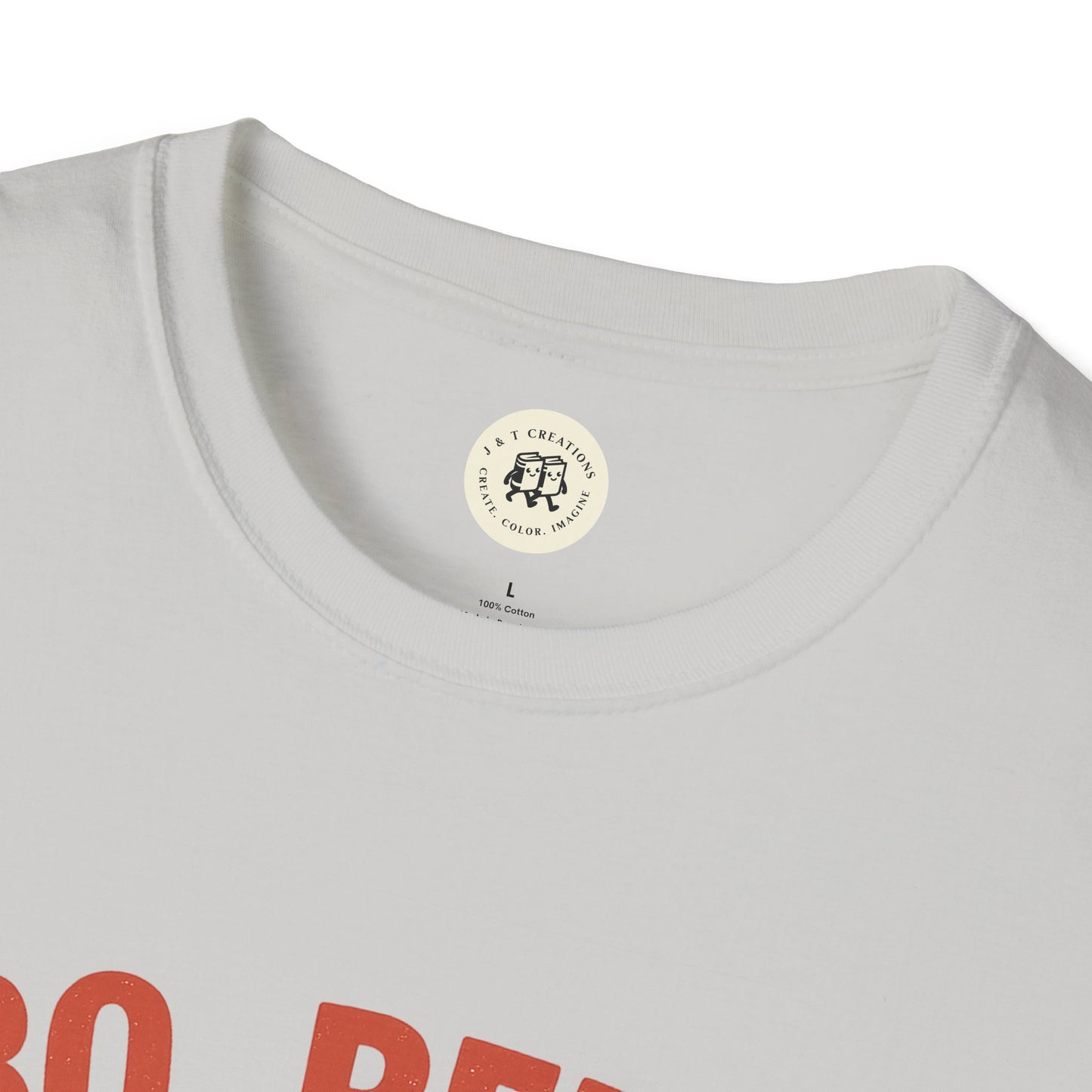 Close-up of white Printify T-shirt collar featuring BBQ beers American dream shirt design