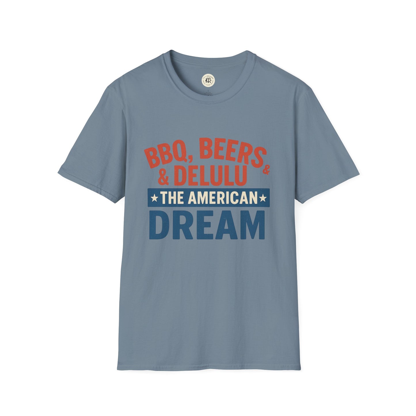 Blue Printify T-Shirt with BBQ beers American dream shirt text in red white and blue