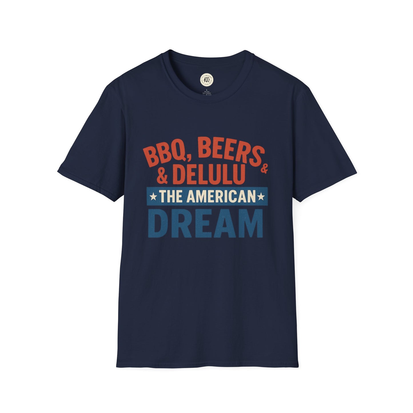 Navy blue Printify t-shirt with BBQ beers American dream shirt graphic text design