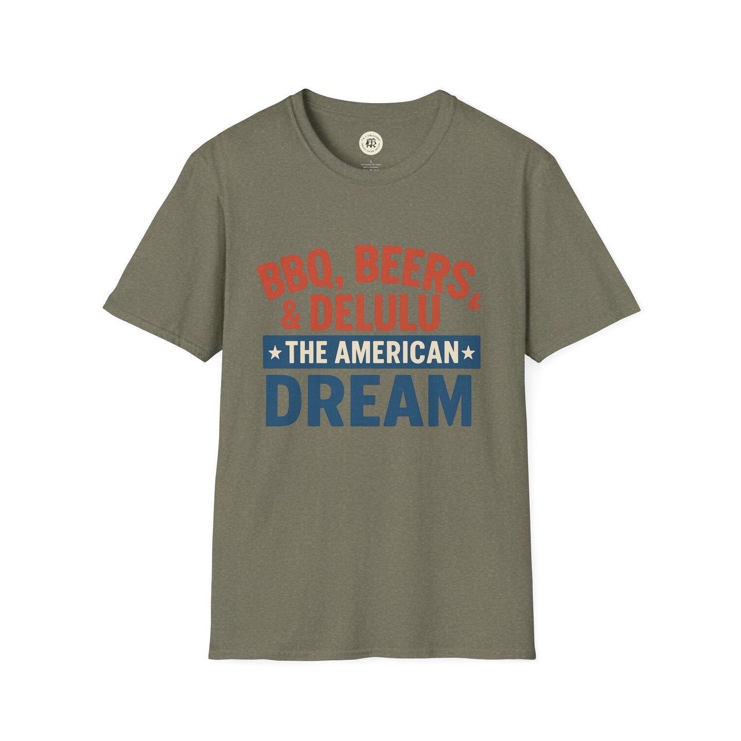 Printify olive green T-shirt with red and blue BBQ beers American dream shirt graphic text