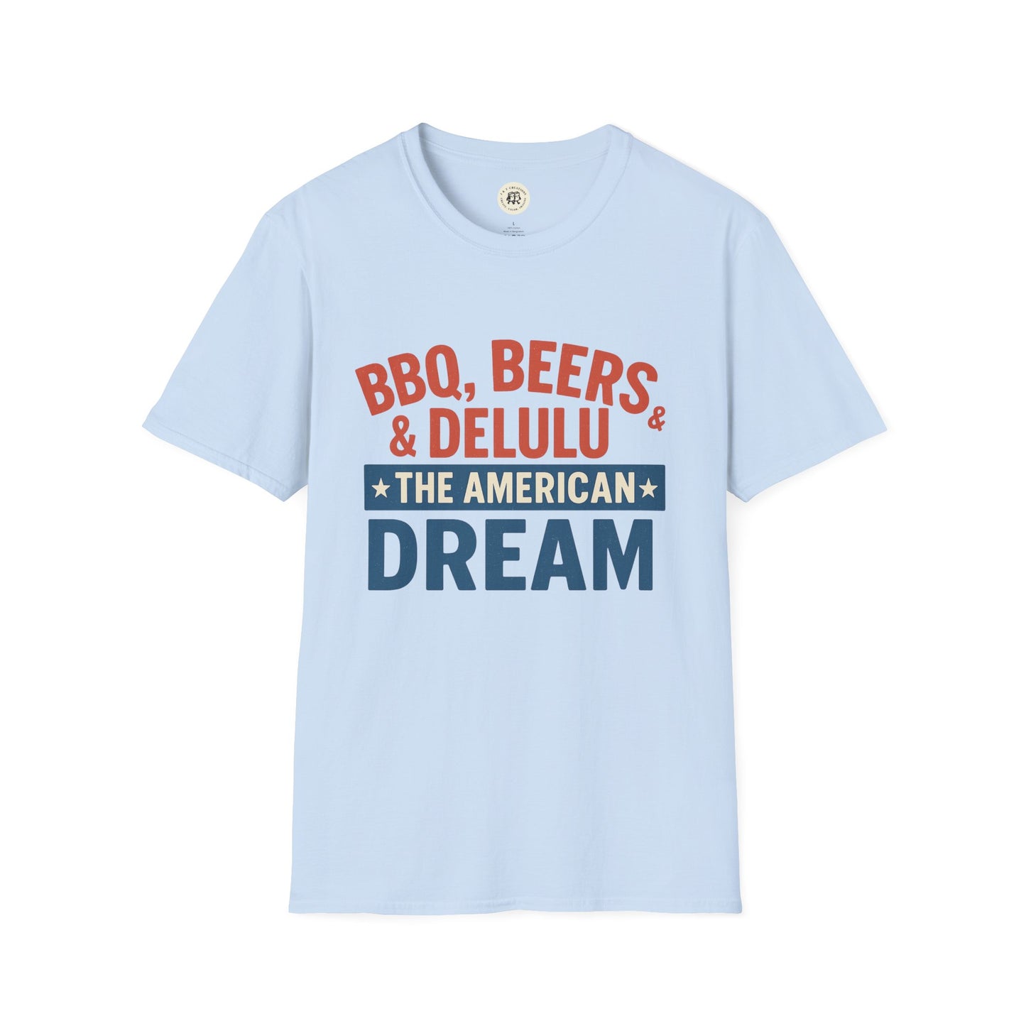 Light blue Printify T-shirt with BBQ beers American dream shirt graphic text in red and blue