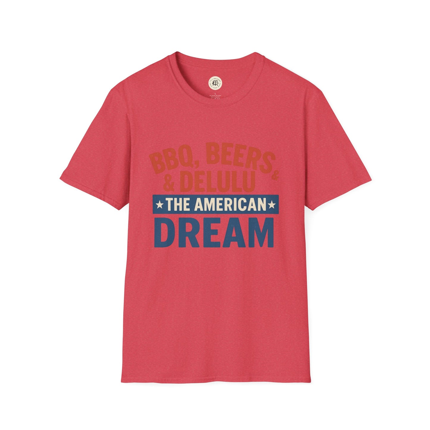 Red Printify T-Shirt with BBQ beers American dream shirt text printed in red, white, and blue
