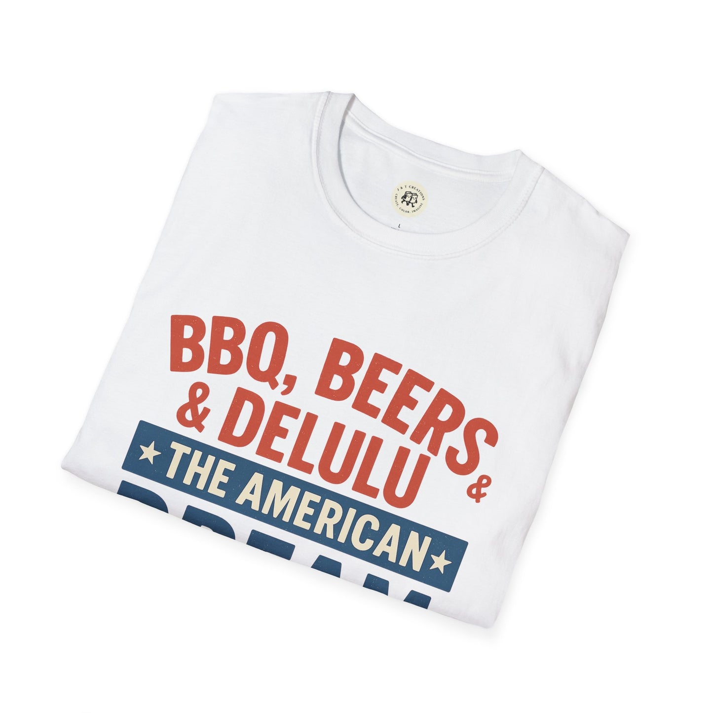 White Printify BBQ beers American dream shirt with red and blue text folded neatly
