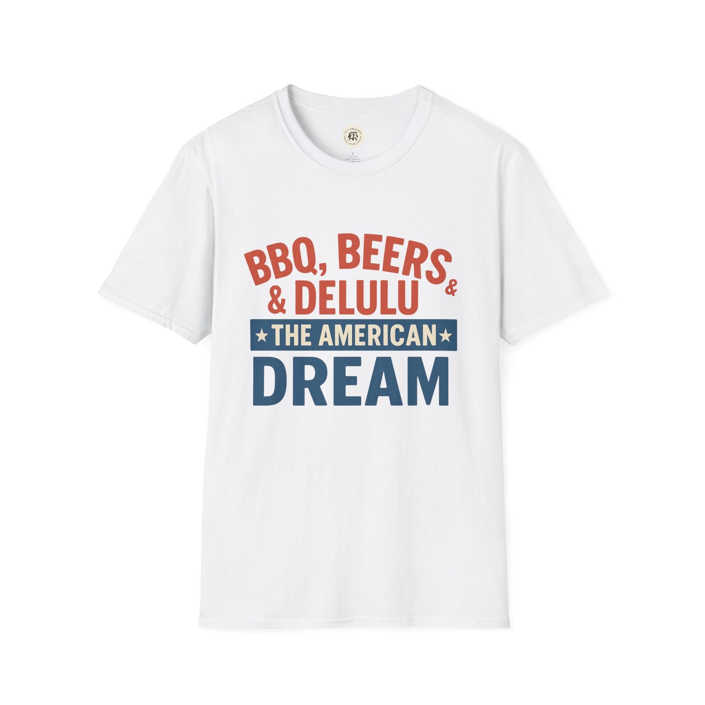 White Printify t-shirt with BBQ beers American dream shirt graphic text in red and blue
