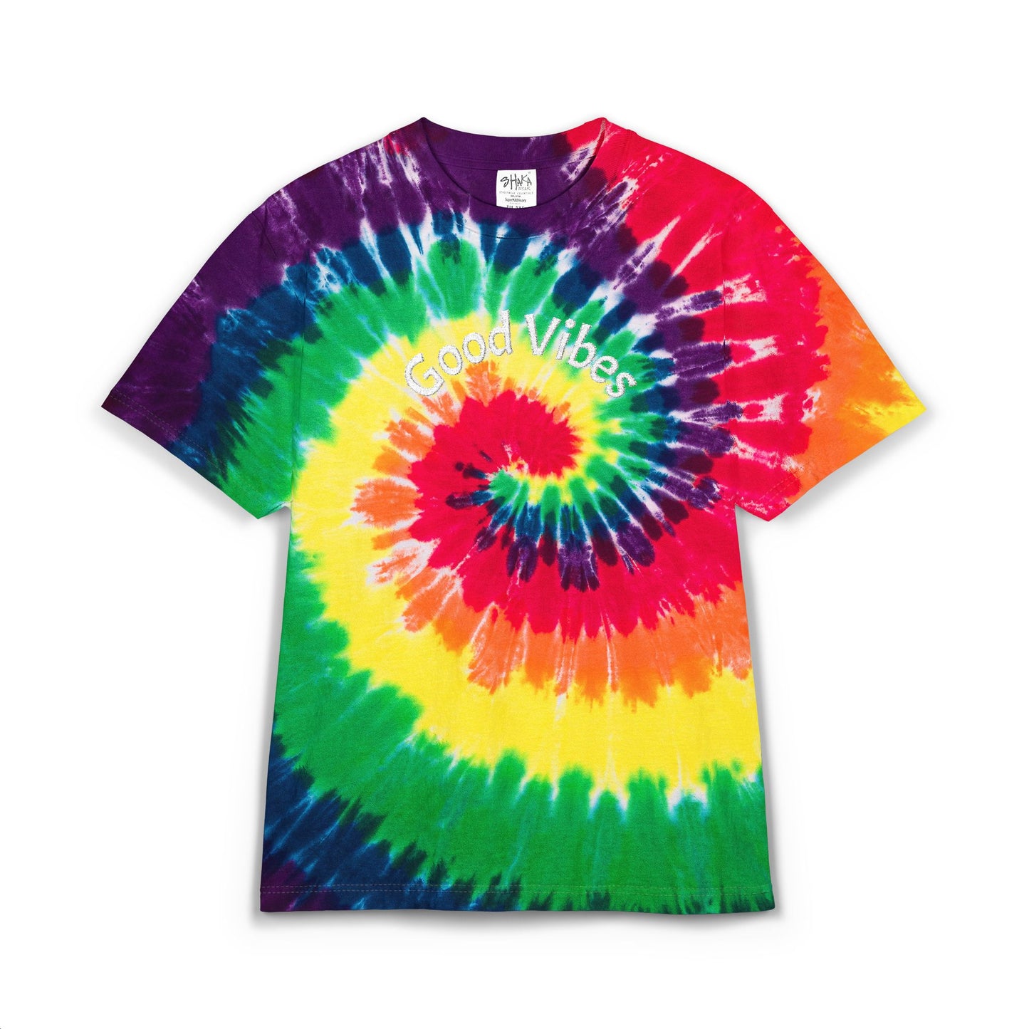 Printify embroidered tie-dye oversized t-shirt with colorful spiral pattern and Good Vibes text